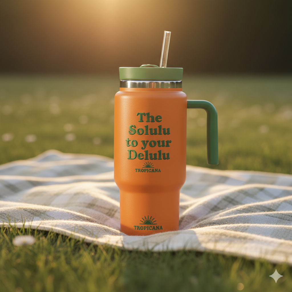 An orange insulated tumbler with a green handle and lid, featuring the text "The Solulu to your Delulu" and the Tropicana logo, sitting on a picnic blanket in a grassy field with sunlight in the background.