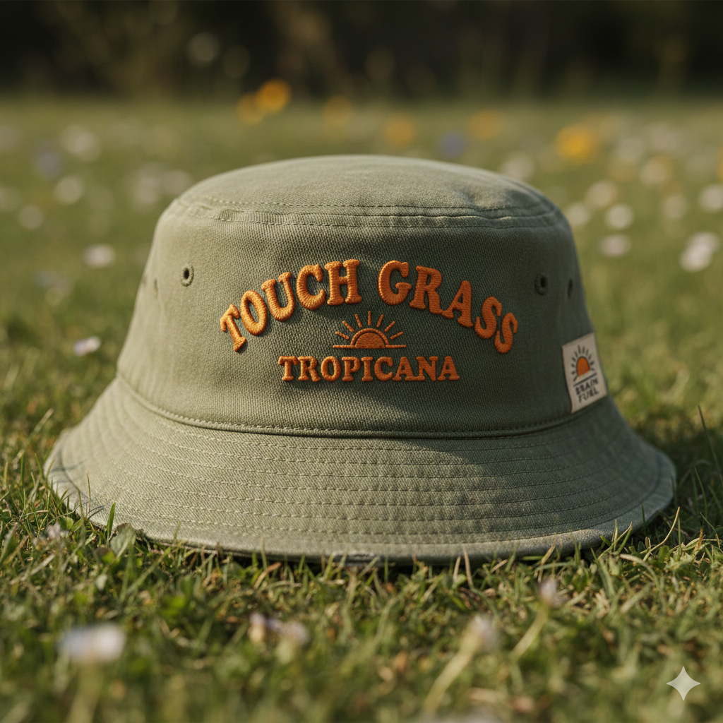 A green bucket hat with embroidered orange text that reads 'TOUCH GRASS TROPICANA' resting on grass with small flowers, blurred trees, and sky in the background.