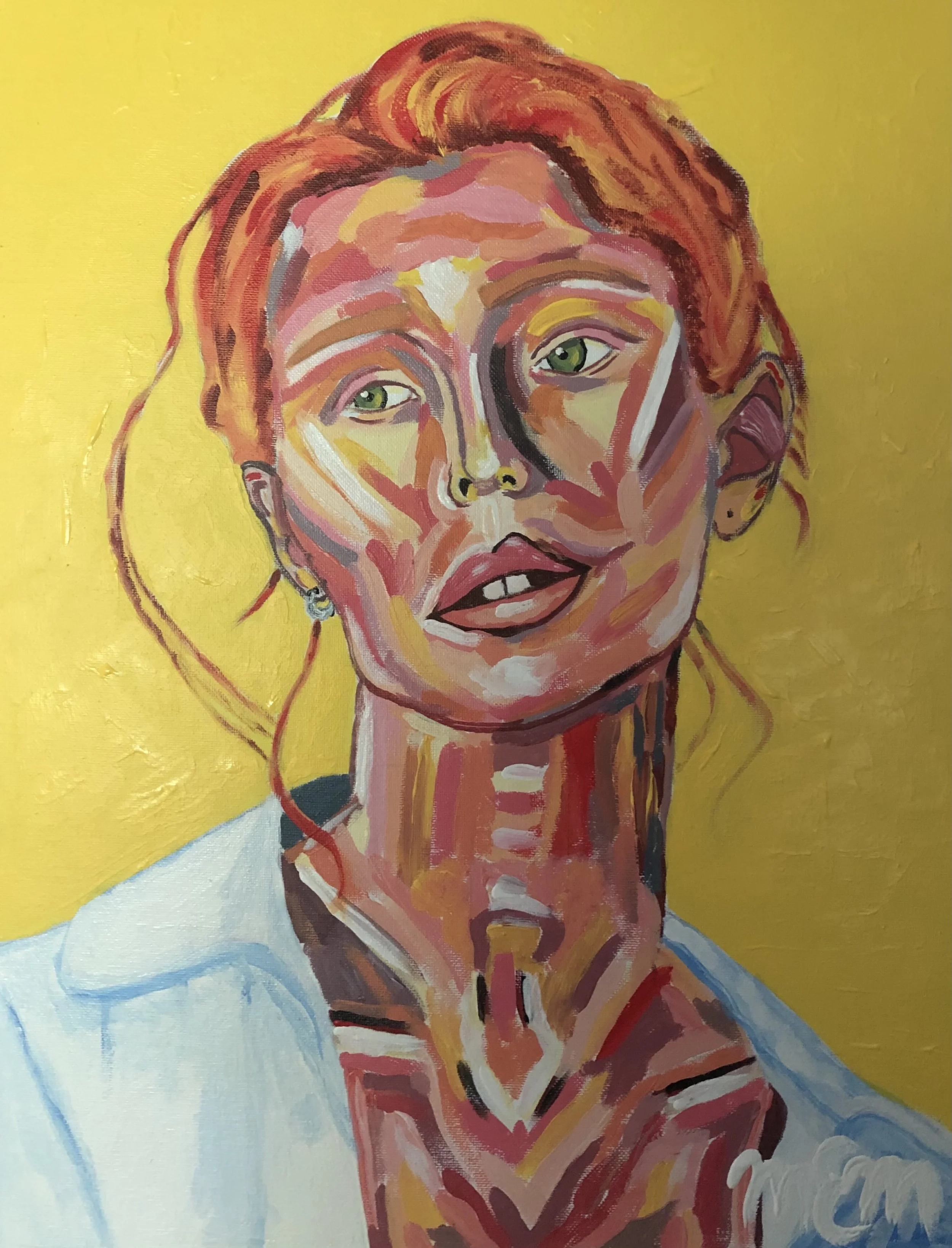 An abstract portrait of a woman with red hair, green eyes, and a pensive expression, wearing a white shirt and a black earring, set against a yellow background.