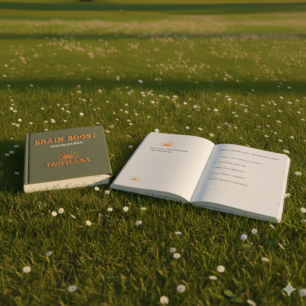 Open workbook and closed textbook titled 'Brain Boost' on grass field with small white flowers, sunlight in the background.