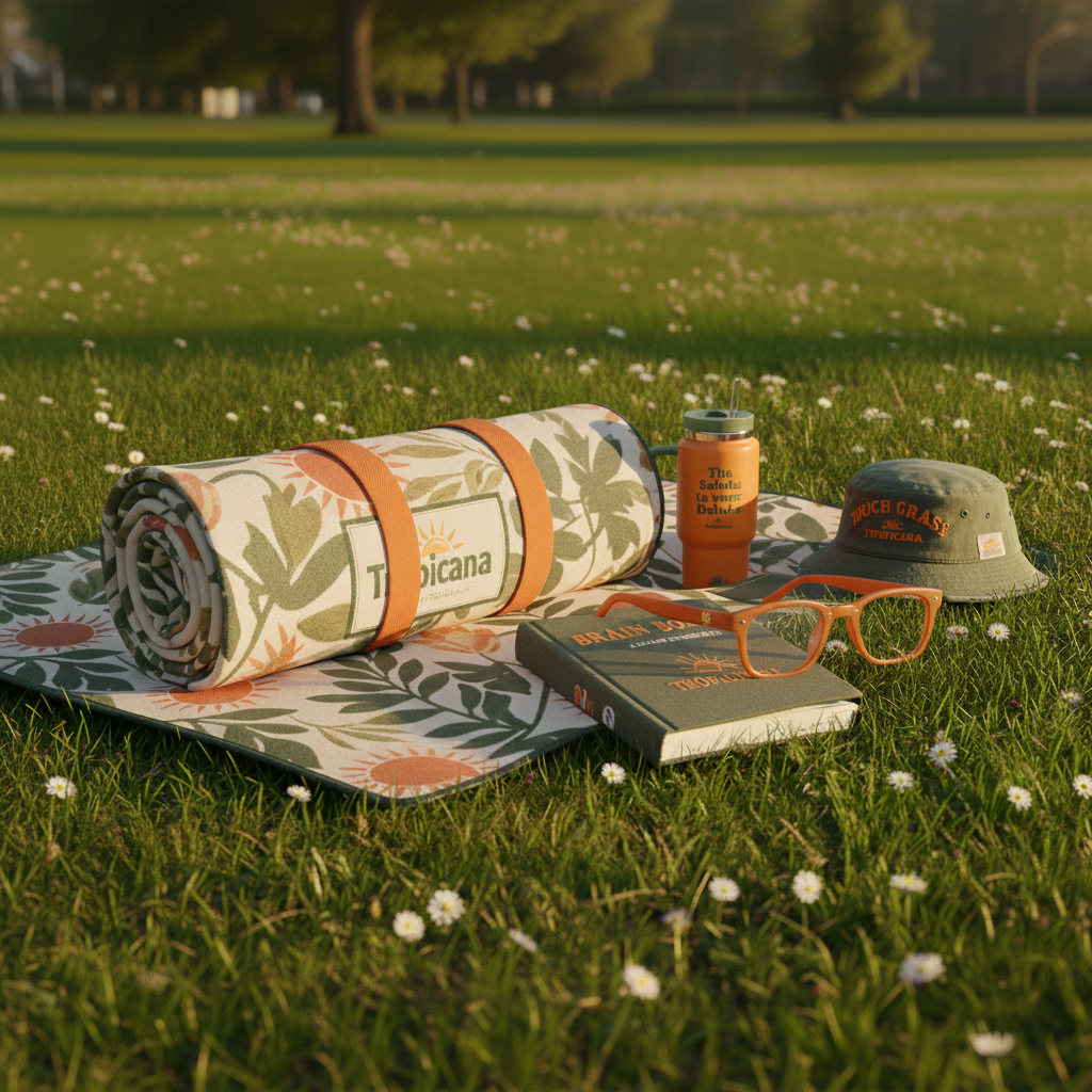 Picnic setup on grass with a rolled blanket, orange glasses, a book titled 'Brain' by Toni'cuador, a water bottle, a bucket hat with orange lettering, and a picnic mat featuring floral patterns. Trees and a park are in the background.