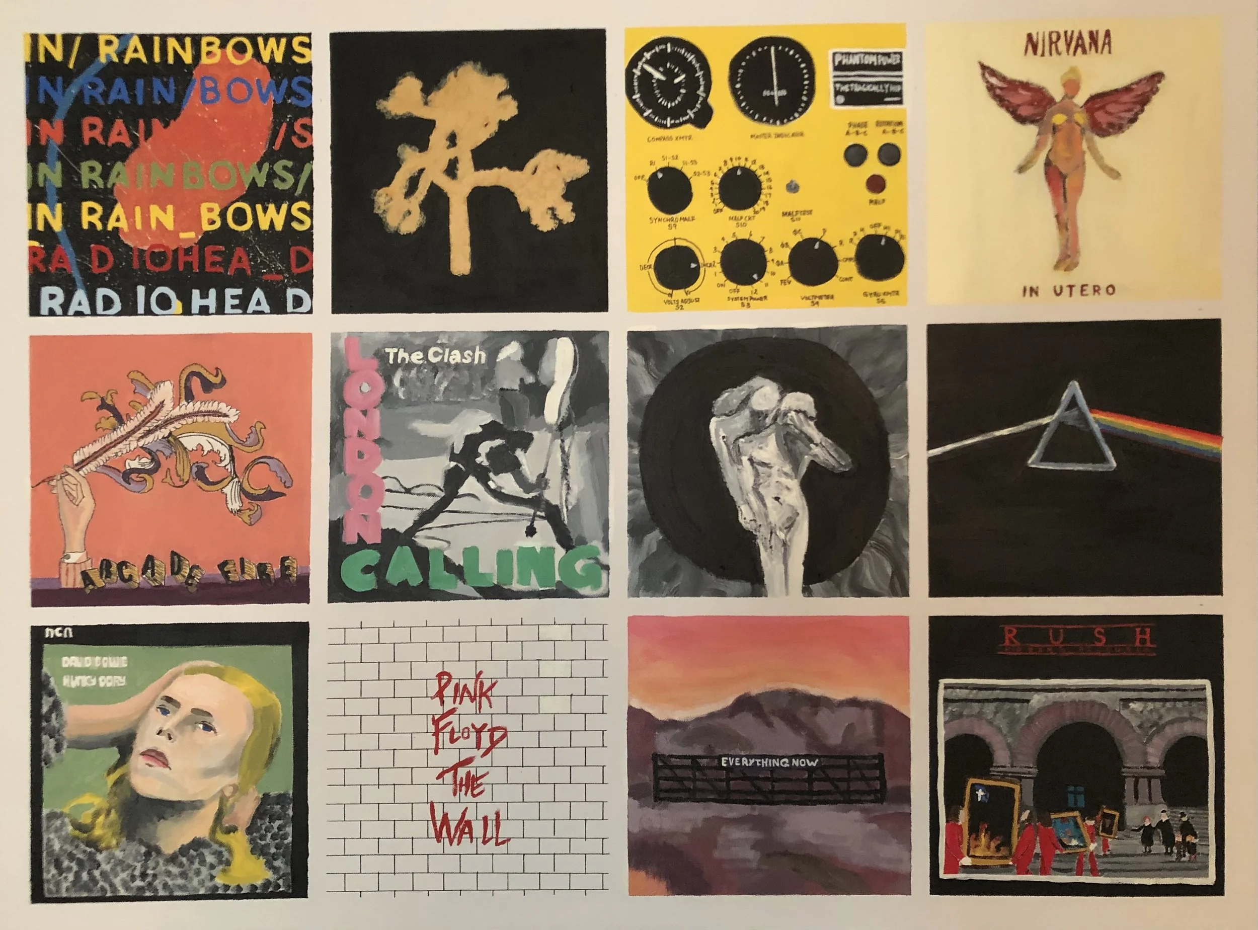 Grid of 12 album cover artworks featuring various music artists and genres, including Pink Floyd, Nirvana, Radiohead, The Clash, R.E.M., and others.