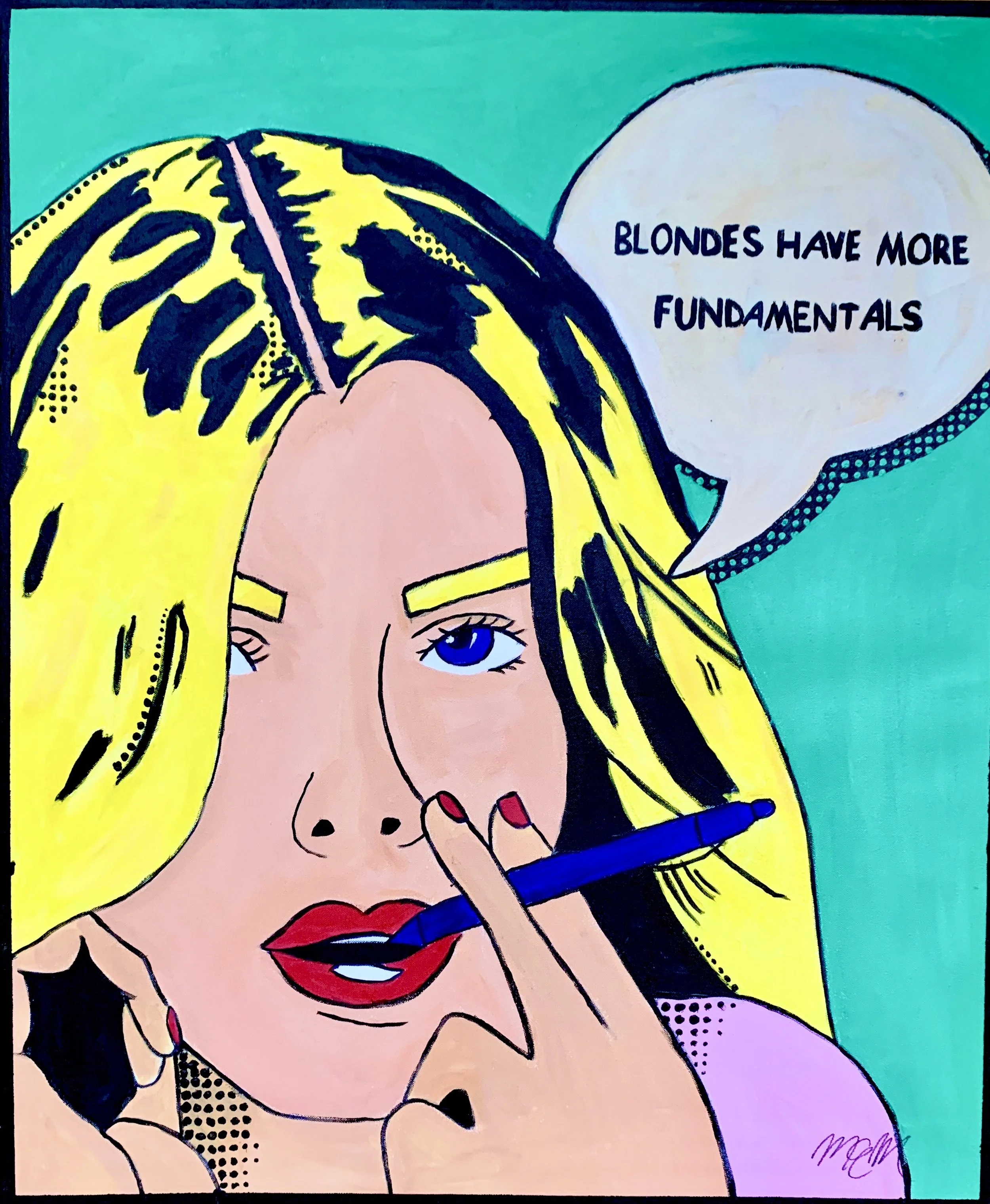 Colorful pop art style illustration of a woman with yellow and black hair, red lipstick, and blue eyes, holding a blue pen near her face. She has a thought bubble that says "Blondes have more fundamentals."