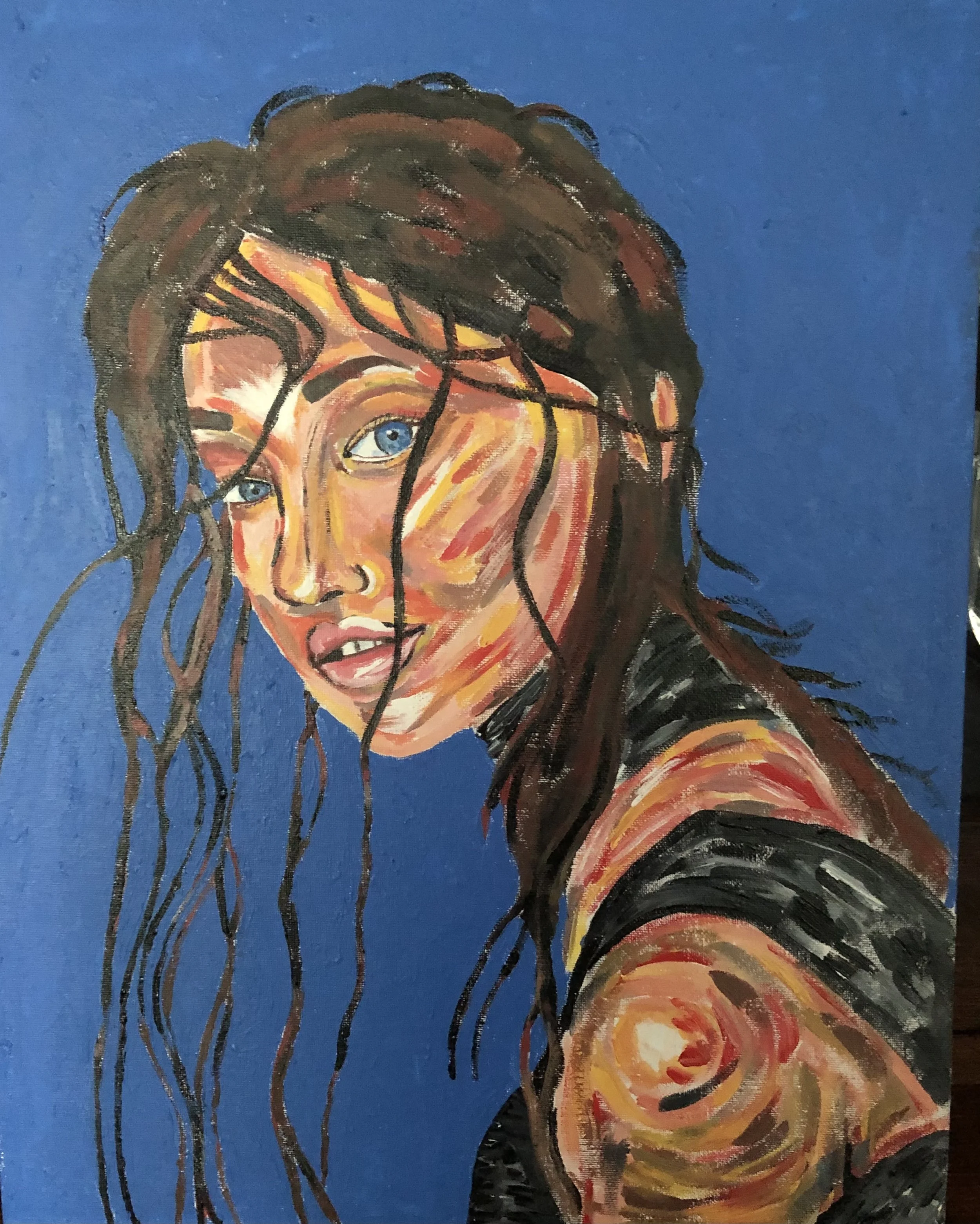 Painted portrait of a woman with long, wavy brown hair and blue eyes, wearing a black top, against a solid blue background.