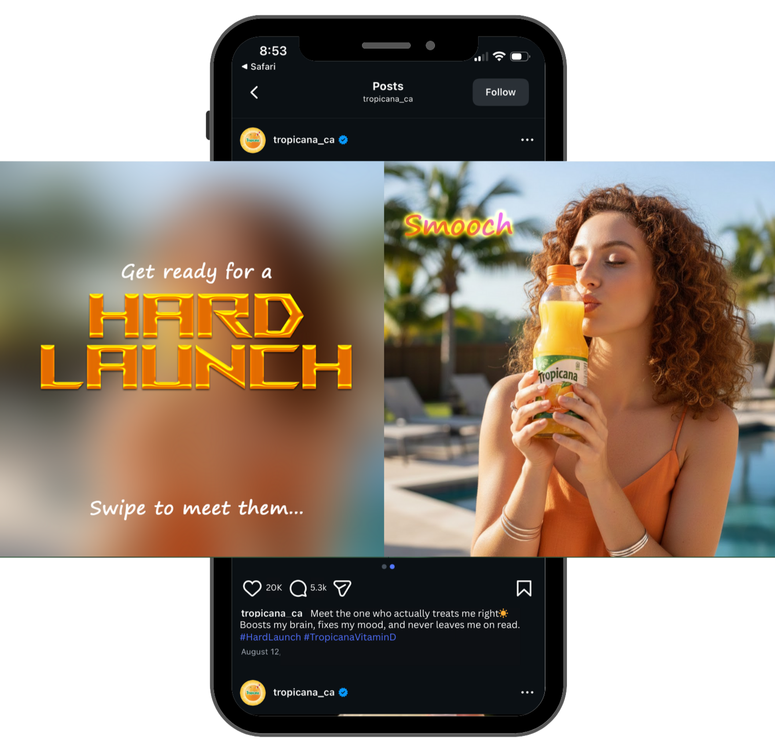 A woman with curly red hair drinking Tropicana orange juice by a poolside, with palm trees in the background, and promotional text for a product launch on a mobile phone screen.