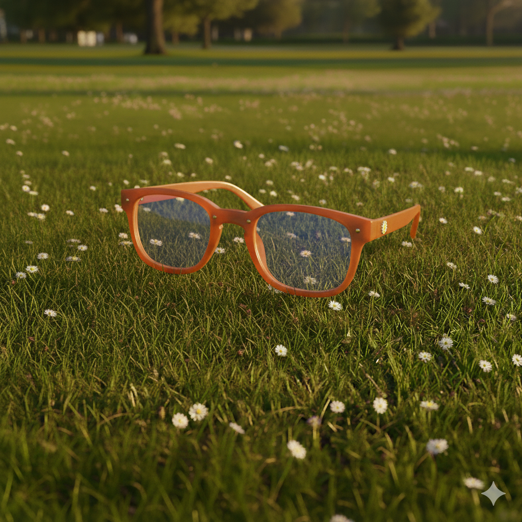 A pair of orange sunglasses resting on a grassy field with small white flowers, with trees in the background under a clear sky.