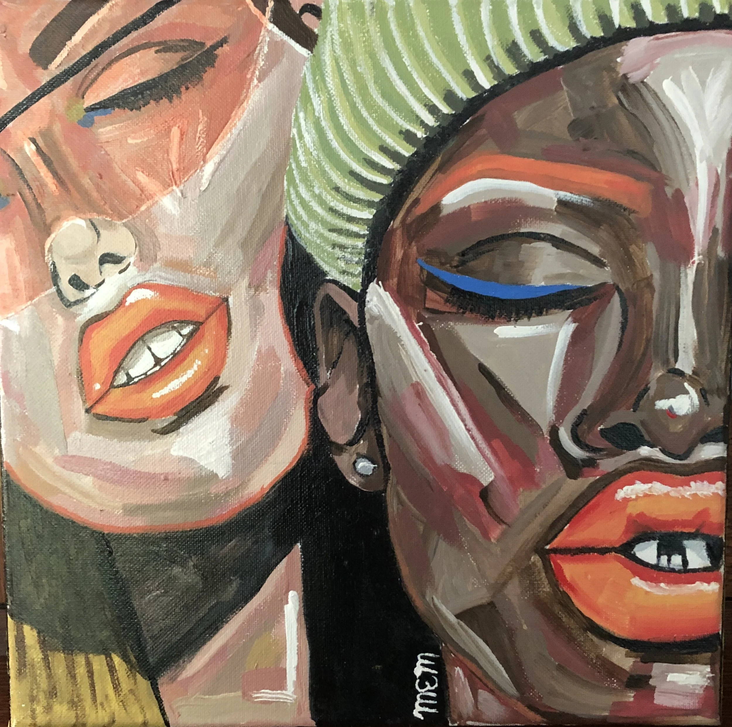 A painting of two women's faces in an abstract style. The woman on the left has closed eyes, with red-orange lipstick, and jewelry including a nose ring and pearl earrings. The woman on the right has closed eyes with bold eye makeup including a blue 