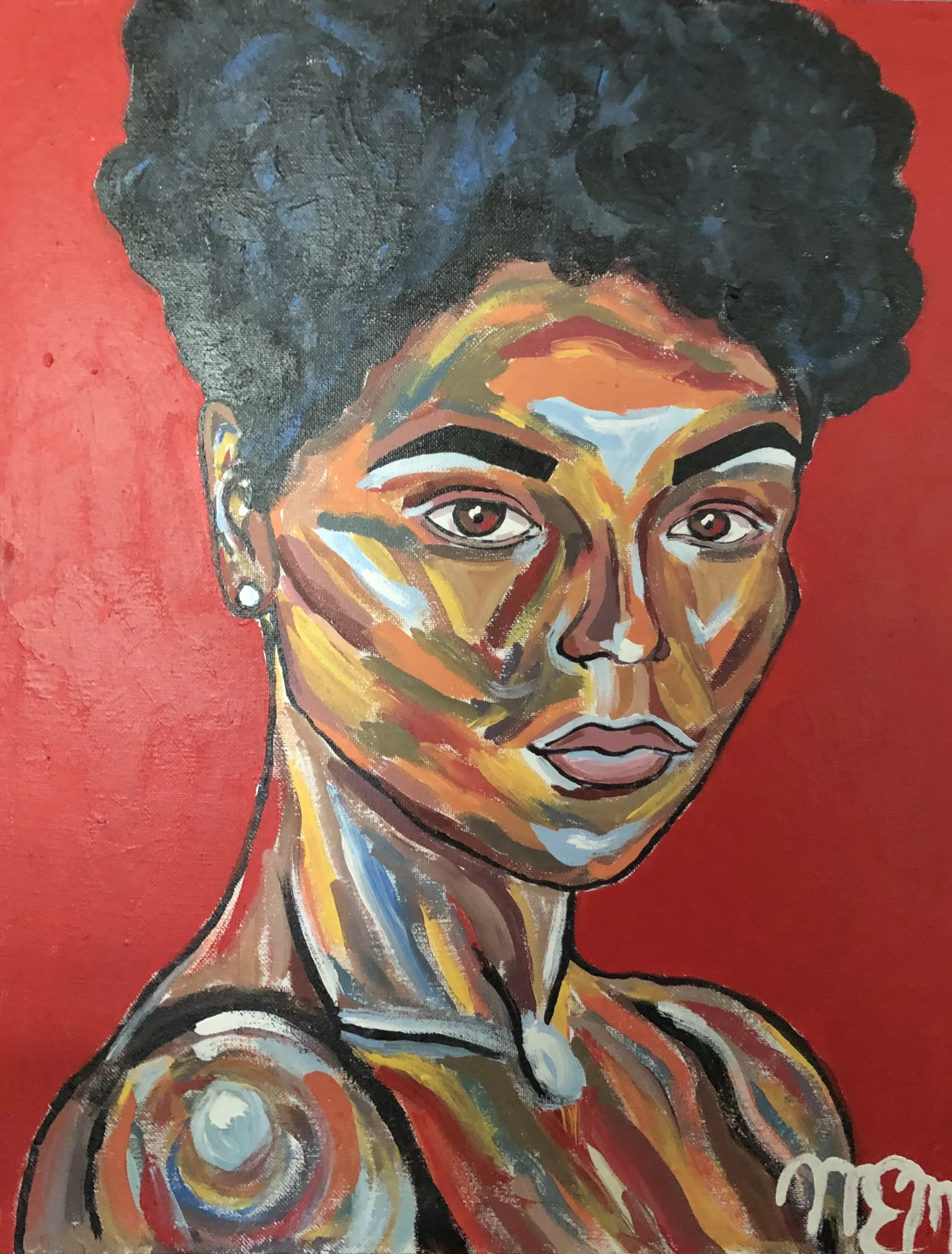 An abstract portrait of a woman with dark curly hair, utilizing bold brush strokes and vibrant colors including browns, blues, and whites, set against a red background.