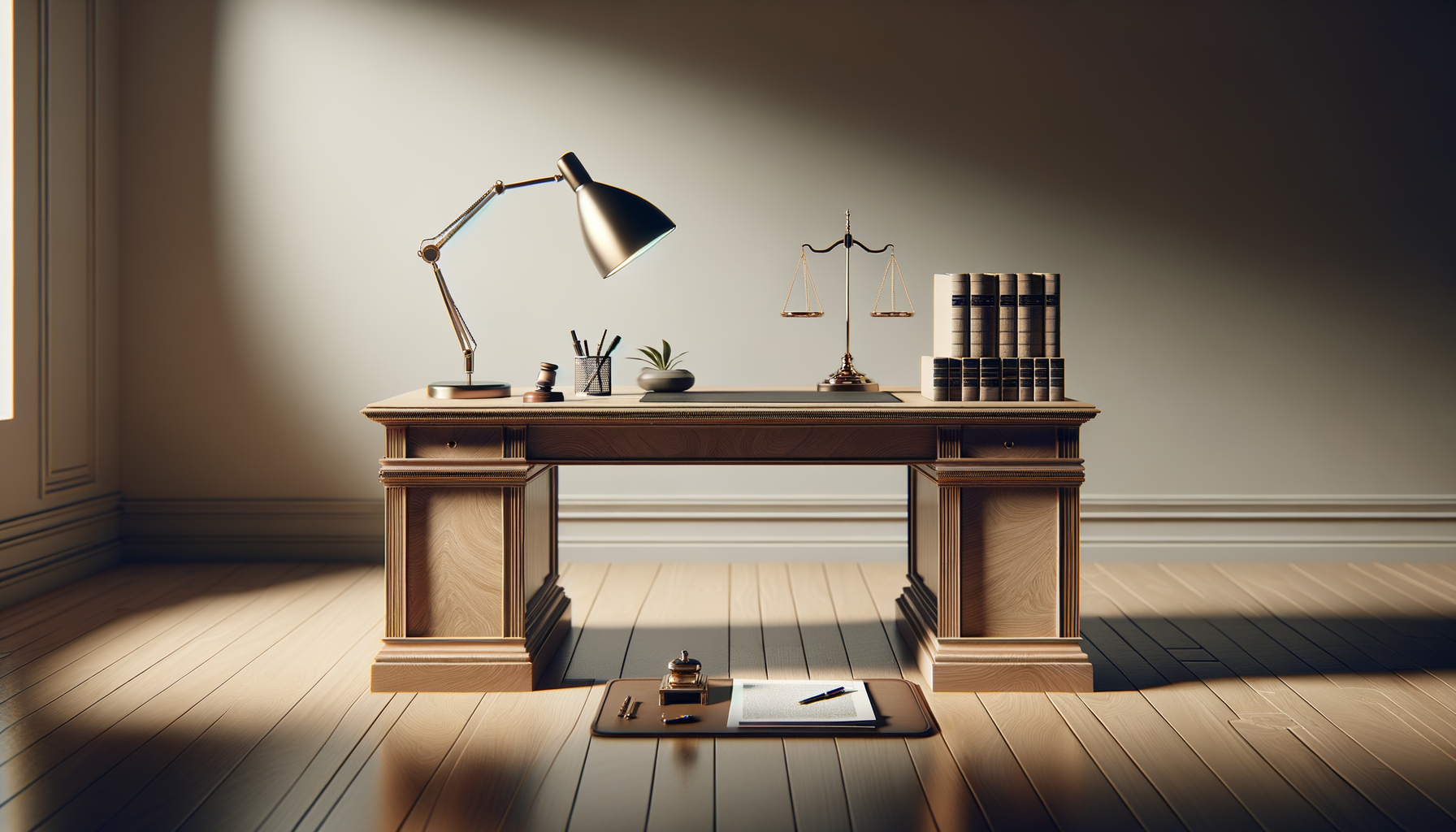 A wooden desk with a adjustable black desk lamp, a small potted plant, a set of pens, a scale, and a stack of legal books, with a document tray and pen on the floor in front of it, in a well-lit room.