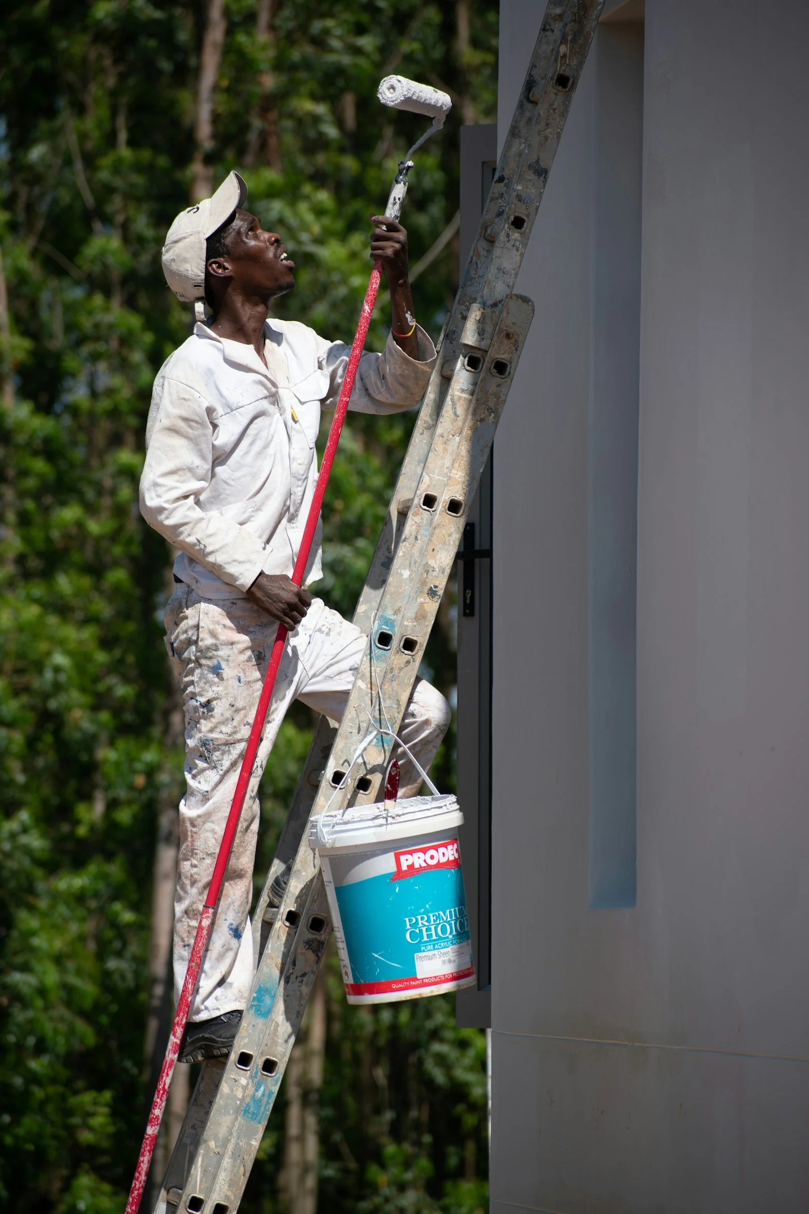 A man on a ladder painting a wall with a paint roller. He is wearing paint-splattered white clothes and a beige cap, standing outdoors with trees in the background. A bucket of paint is hanging from the ladder.