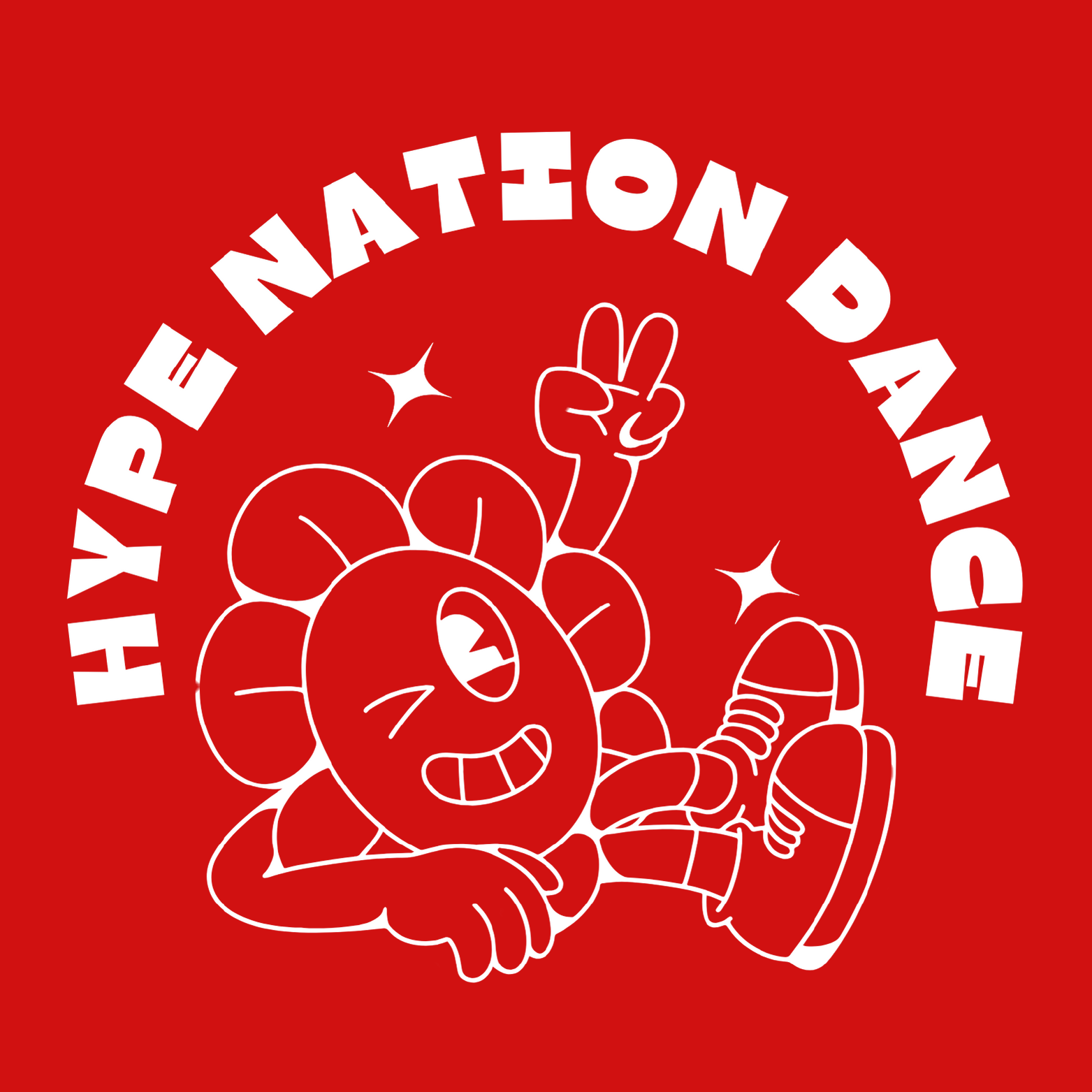 Cartoon drawing of a cheerful flower character with a single eye, lying down and flashing a peace sign with one hand, wearing sneakers. The text above says 'HYPE NATION DANCE' in bold white letters on a red background, with two star-like sparkles around the character.
