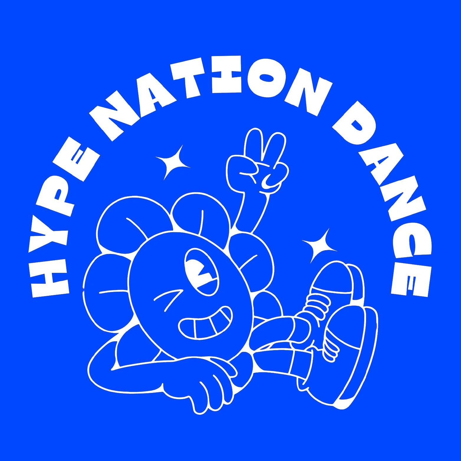 Illustration of a cartoon flower character relaxing with a peace sign and sneakers, surrounded by the text 'HYPE NEPATION DANCE' on a blue background.