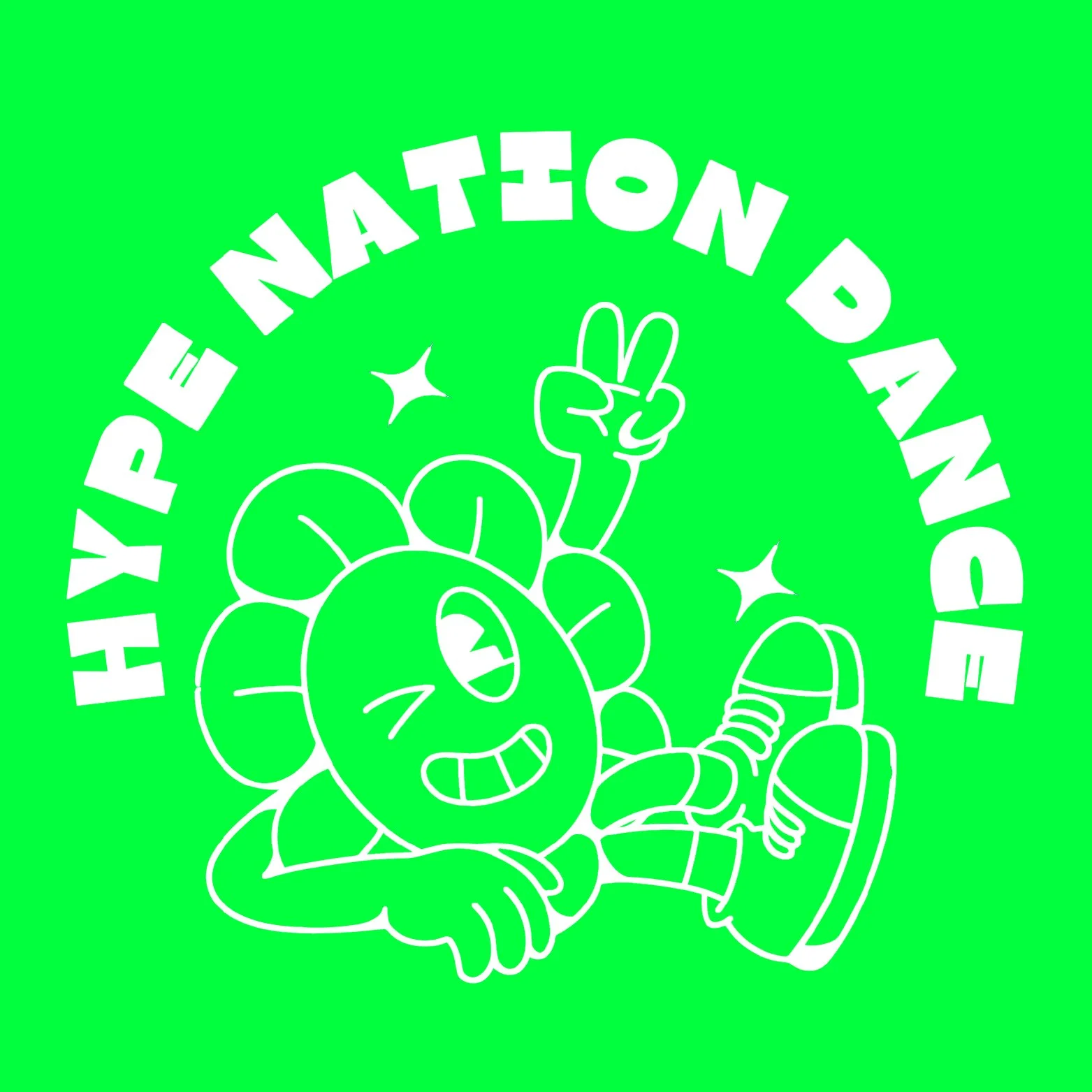 A green illustrated display featuring a cartoon character with a flower-shaped head, winking and holding up a peace sign. The character is lying on its side with a playful expression, wearing sneakers. Surrounding the character are the words 'HYPE E-NATION DANCE' in bold white text, along with small star shapes.