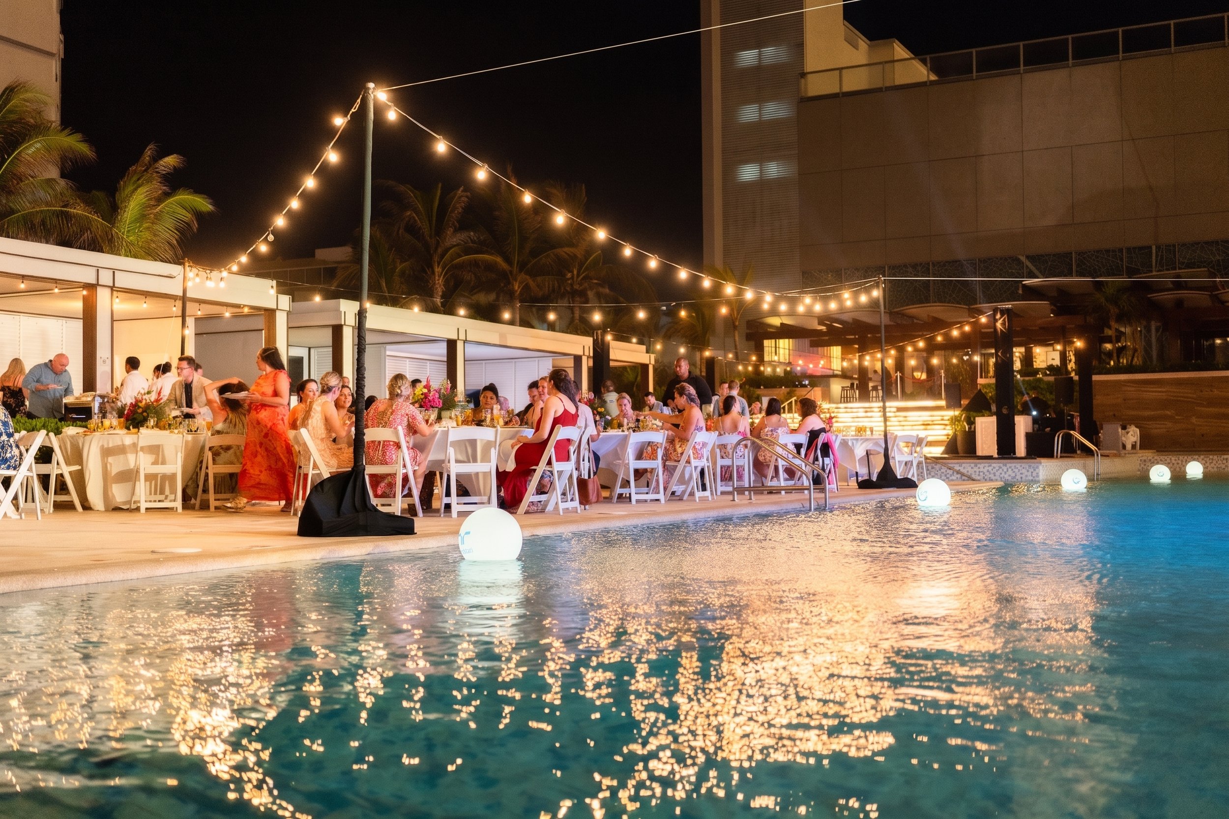 An outdoor nighttime party near a swimming pool, with guests seated at tables under string lights, surrounded by palm trees and modern buildings.