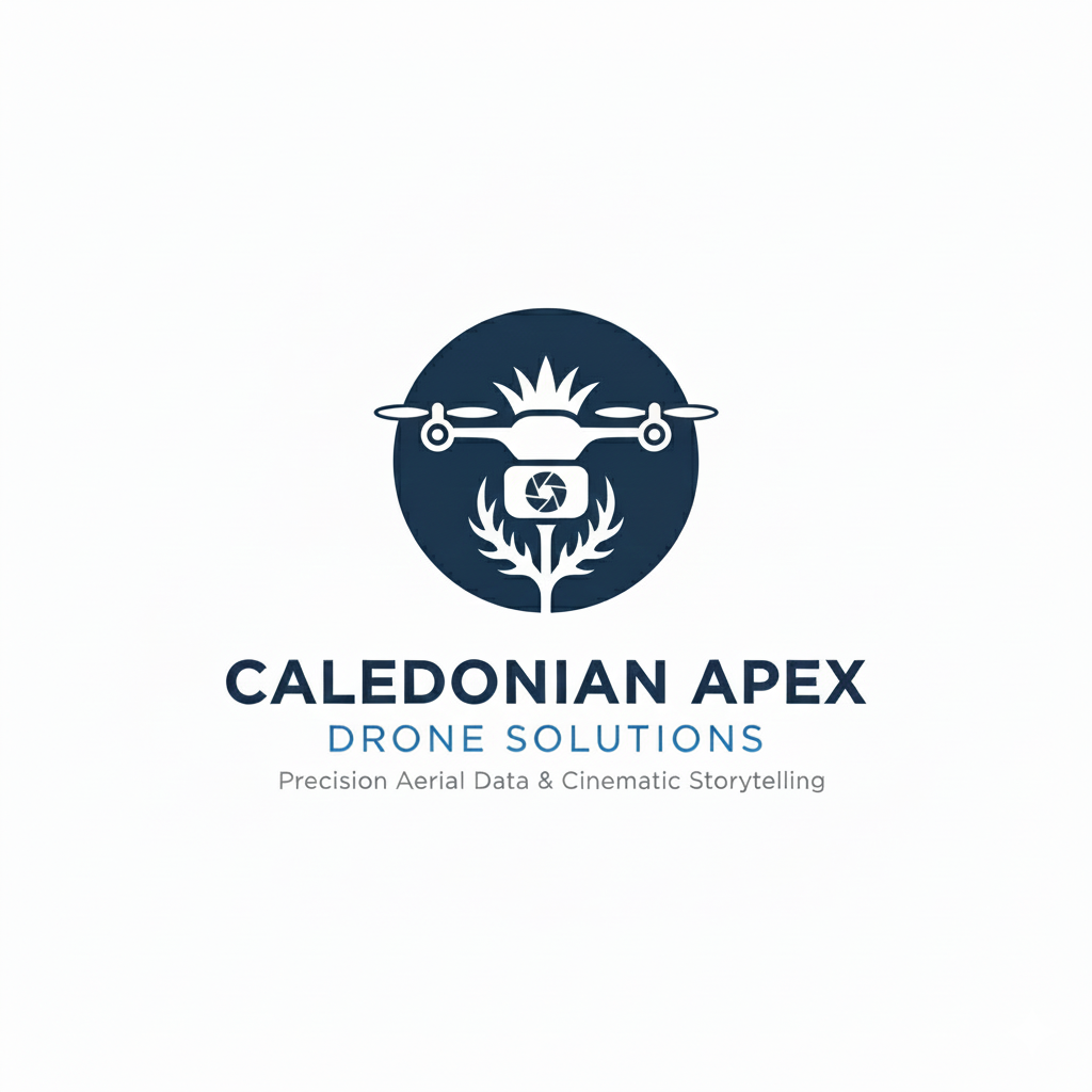 Logo for Caledonian Apex Drone Solutions featuring a drone with a camera lens, surrounded by foliage, and a sun or explosion in the background. Text: "Caledonian Apex Drone Solutions: Precision Aerial Data & Cinematic Storytelling"