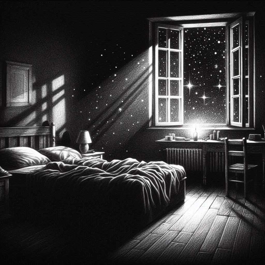 Habitación en penumbra con una cama, un mesita con lámpara, y una ventana abierta que muestra un cielo estrellado.