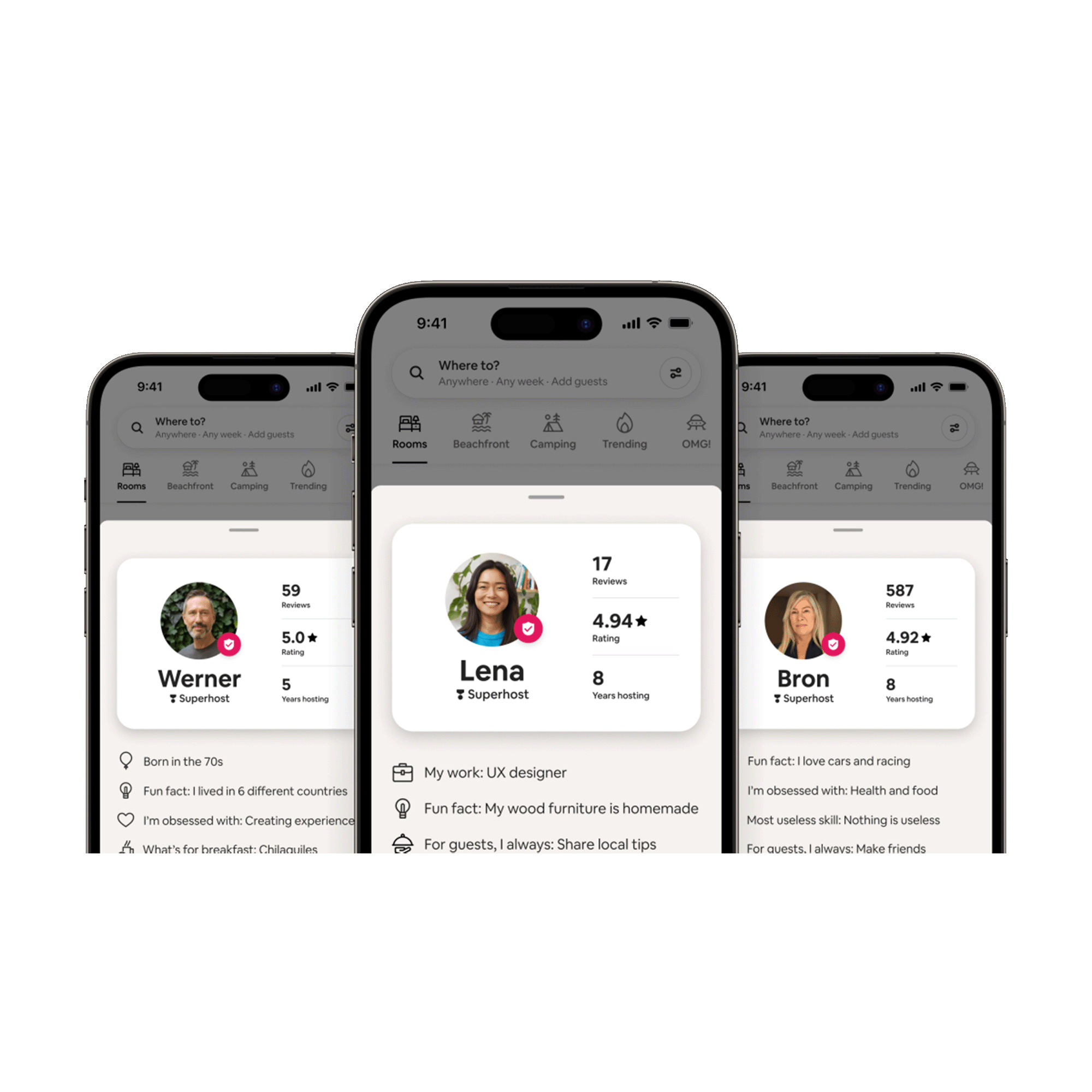 Three smartphones displaying a travel or accommodation app profiles of three hosts named Werner, Lena, and Bron with reviews, ratings, and personal details.