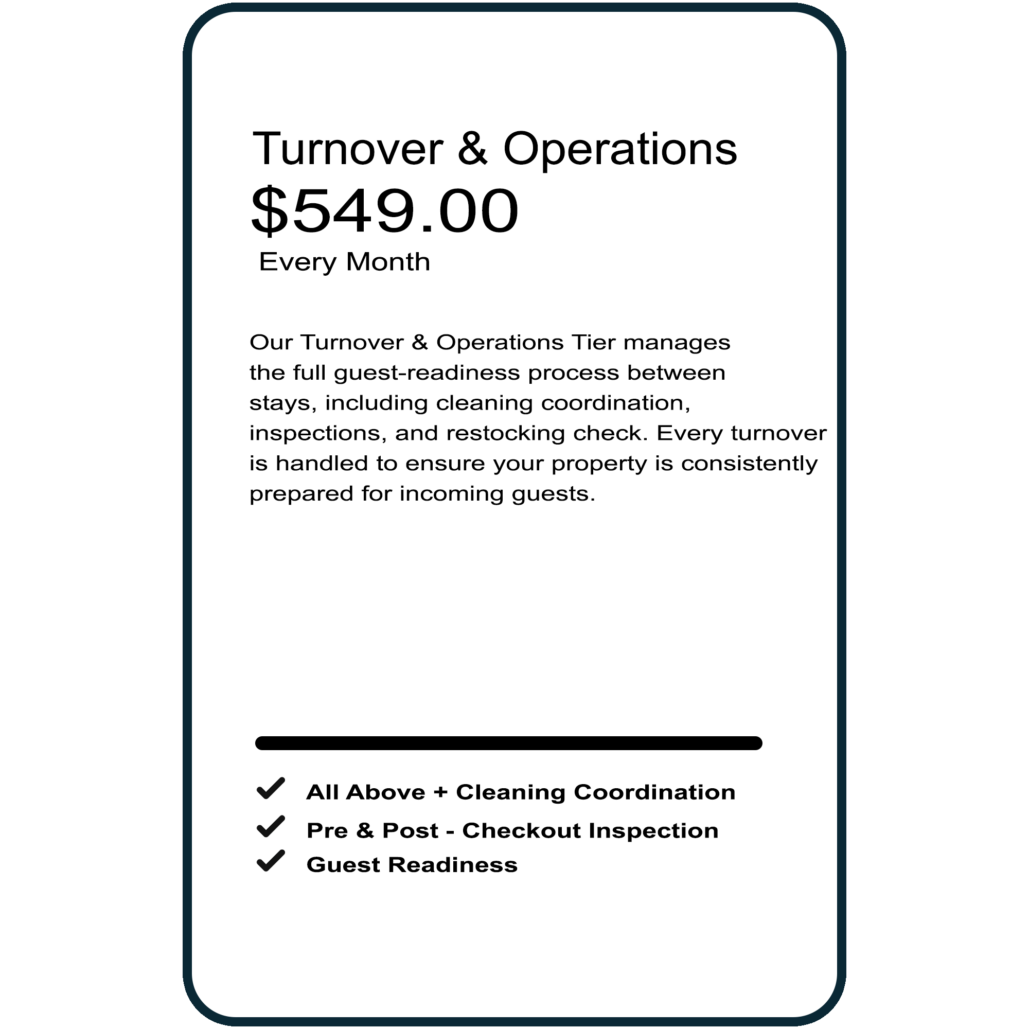 A digital flyer for turnover and operations services costing $549 per month, detailing cleaning, inspections, restocking, and guest-readiness management with a checklist for additional services.