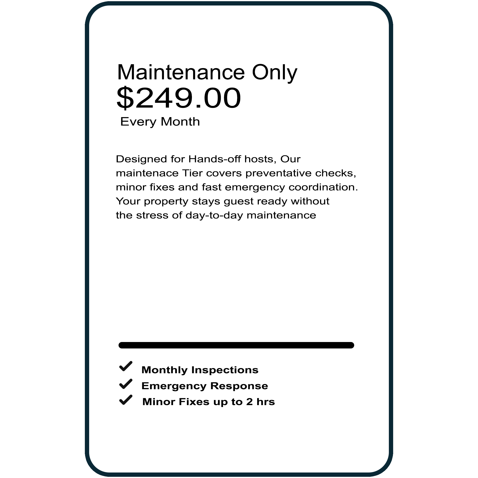 A maintenance service advertisement offering monthly checks, emergency response, and minor fixes for $249.00. It highlights preventive checks, minor fixes up to 2 hours, and emergency coordination, with a list of benefits including monthly inspections, emergency responses, and minor fixes.