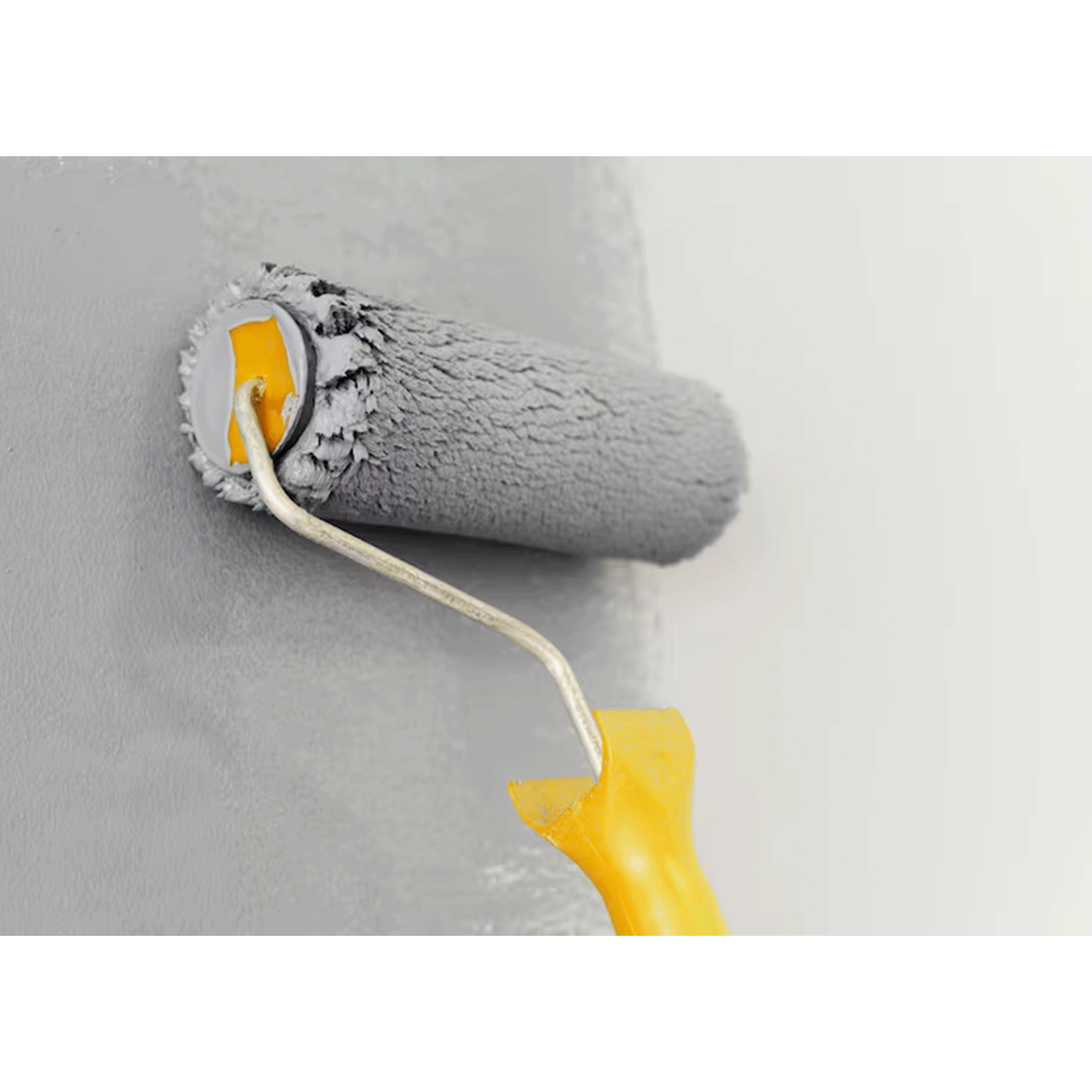 Close-up of a paint roller covered in gray paint, with the handle dipped in yellow paint, against a white wall.
