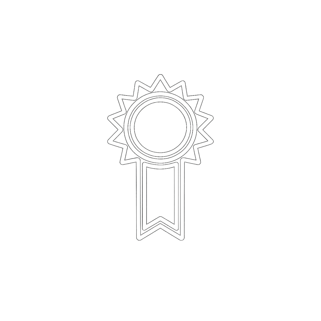 Line drawing of a medal with a circular center and a ribbon hanging below, surrounded by a large outer circle.