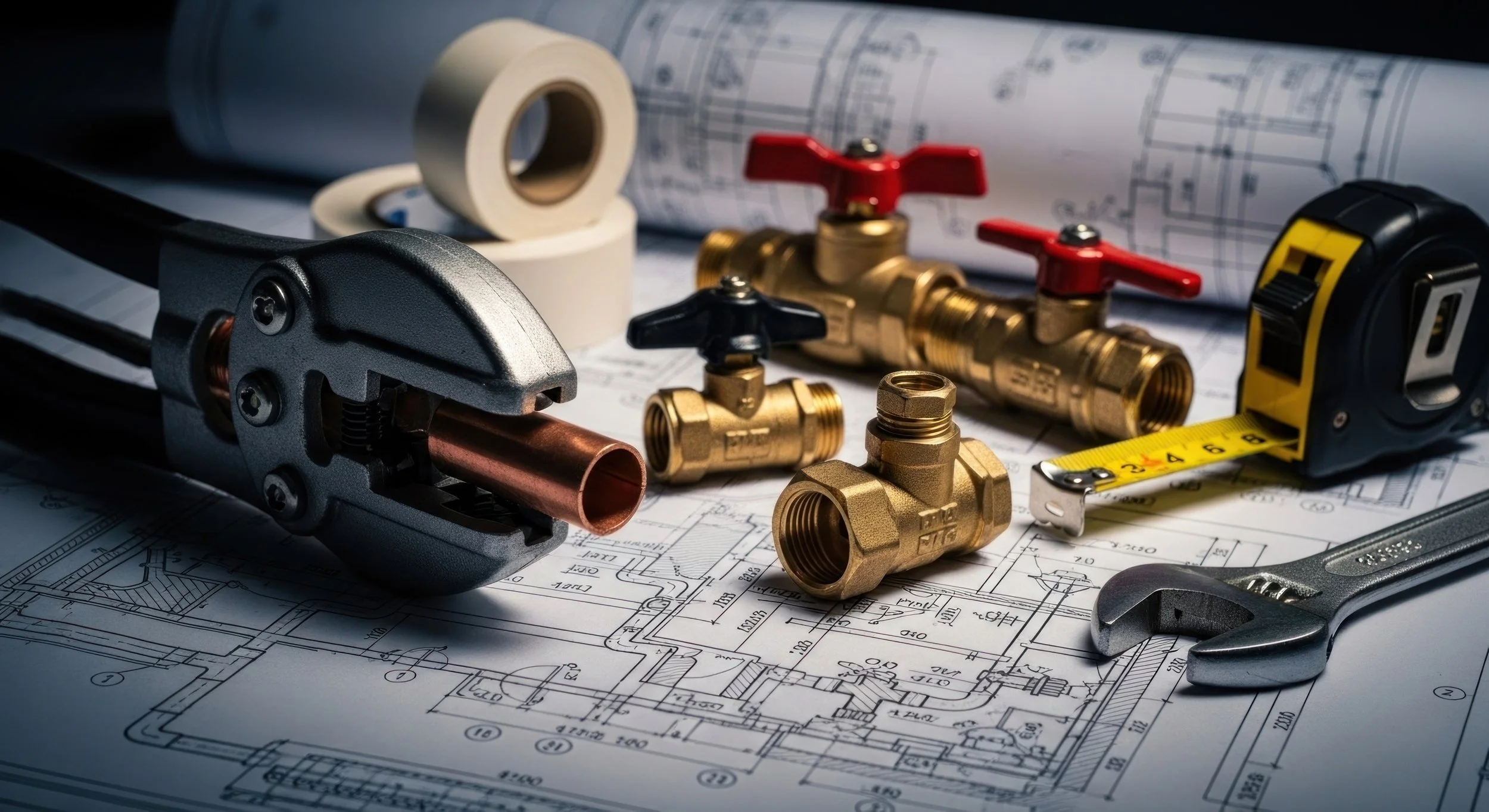 Plumbing supplies including a pipe cutter, brass valves, a wrench, a tape measure, and rolls of tape on top of technical blueprints.