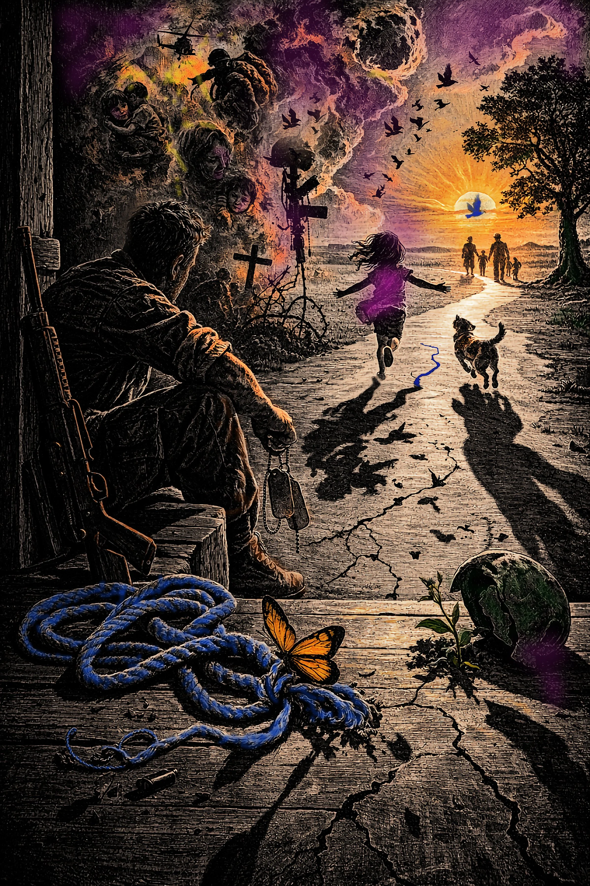 A surreal and artistic digital painting depicting a soldier sitting on a wooden structure with a rifle, looking at a sunset or sunrise over a cracked landscape with a river. The sky features purple, orange, and pink hues, with birds flying and an explosion or mushroom cloud in the background. A girl and a dog run toward the horizon, while a silhouetted woman holds an umbrella near a cross and a crowd stands nearby. Ropes, butterflies, and plants are in the foreground.