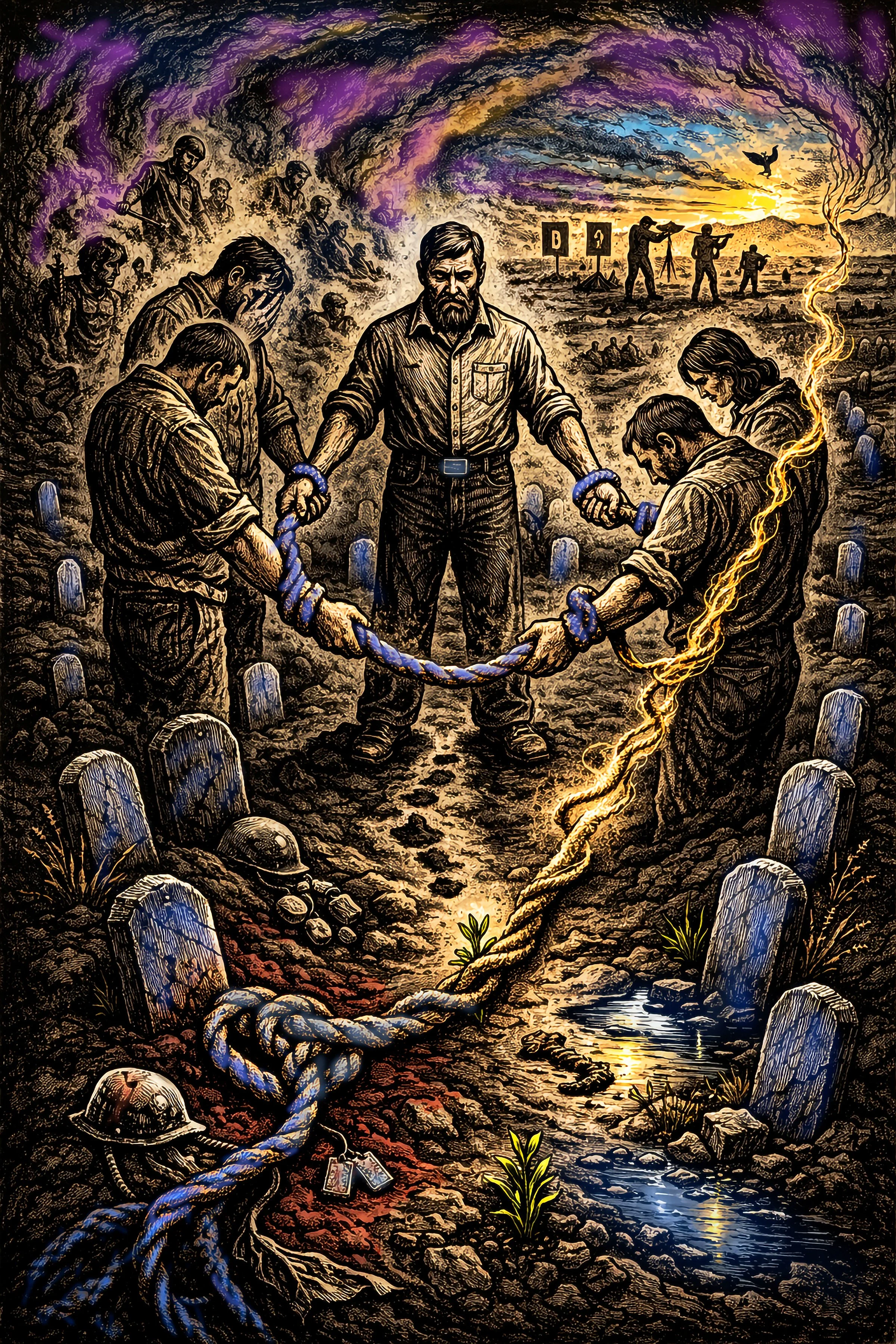 A digital artwork depicting a somber scene of soldiers in a battlefield, with a central figure holding a rope and four others kneeling around him. The background shows a sunset with military signs, some soldiers aiming guns, and a bird flying in the sky. There's a trench with barbed wire, helmets, and a small stream in the foreground, with dark clouds and purple hues creating a dramatic atmosphere.