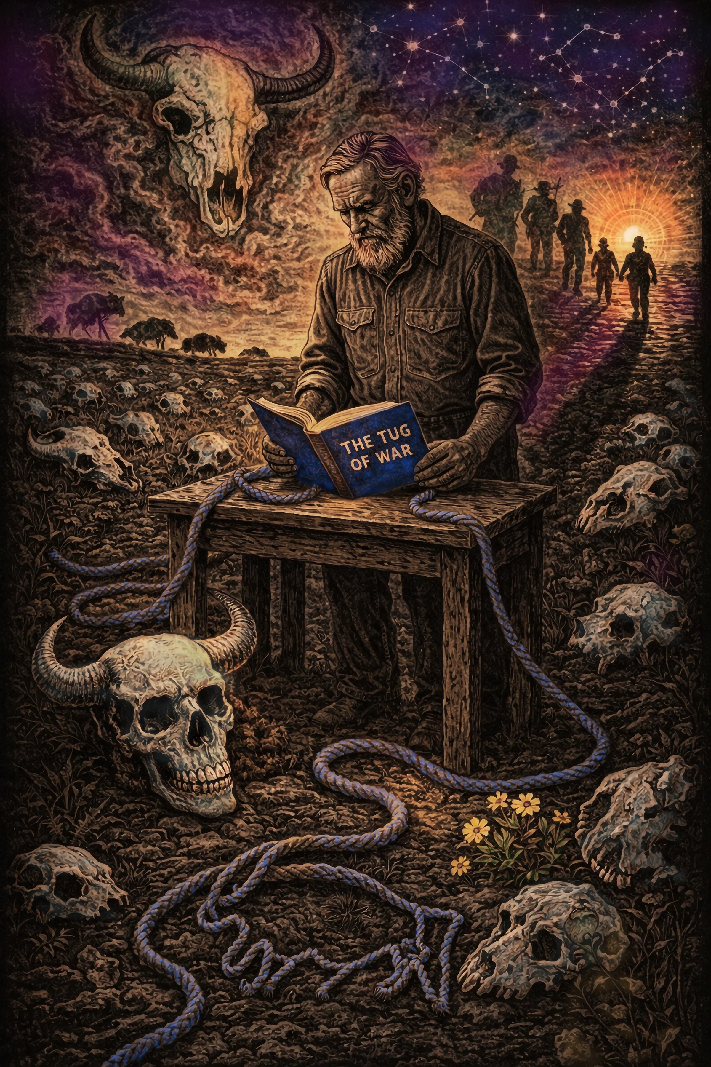 A surreal painting depicting a bearded man sitting at a wooden table reading a book titled 'The Tug of War.' The background features a large buffalo skull hanging in the sky and a constellation of stars. In the foreground, skulls and bones are scattered across the ground, with a twisted rope and some yellow flowers nearby. Silhouettes of hikers walk toward a setting sun in the distance.