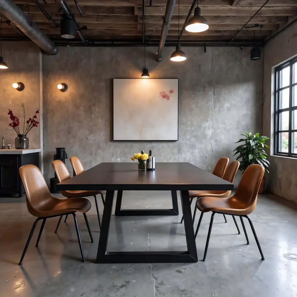 Modern dining room with a black rectangular table, six brown leather chairs, concrete walls, pendant lighting, a window with black framing, a potted plant, and wall-mounted lights.