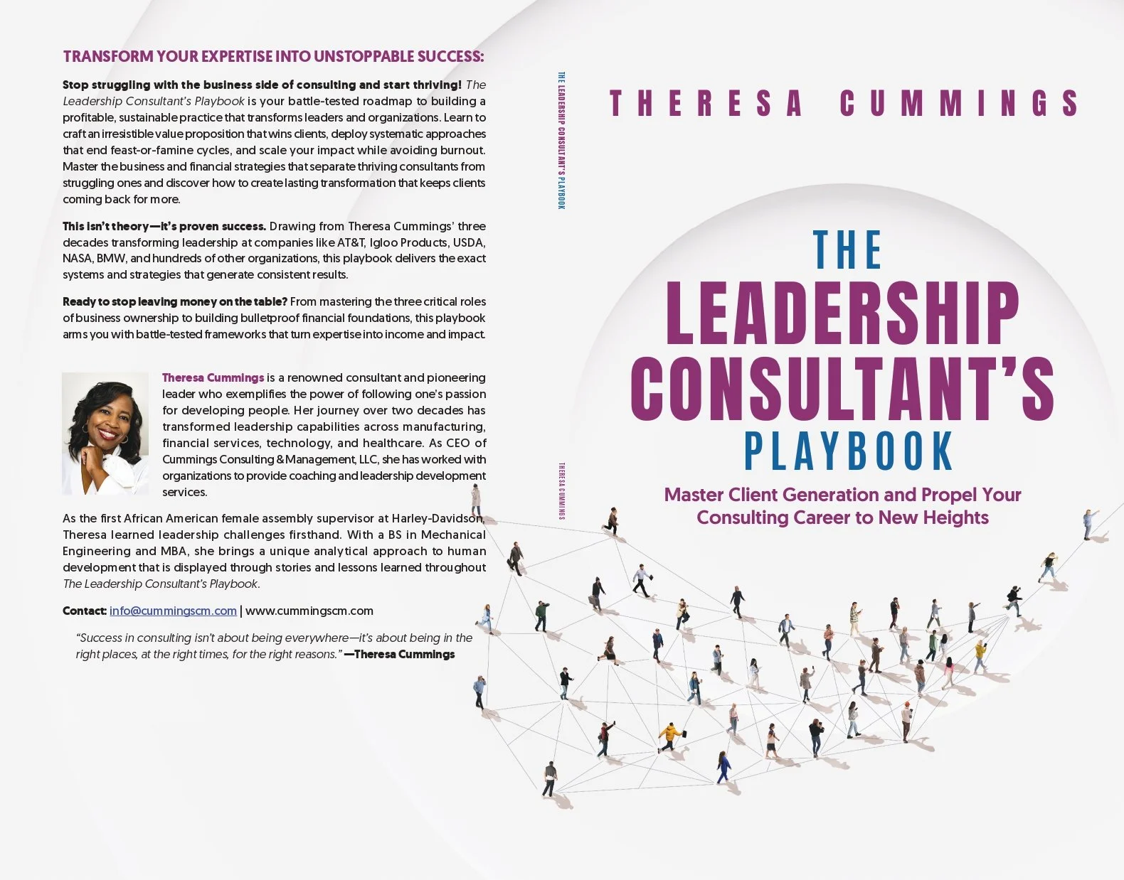 The front cover of 'The Leadership Consultant's Playbook' by Theresa Cummings features the title in large purple and blue text, with a subtitle about advancing consulting careers. The background includes a network illustration of people connected by lines, and the author's photo is on the inside left. The back cover contains a synopsis emphasizing transforming leadership, success stories, and contact information.