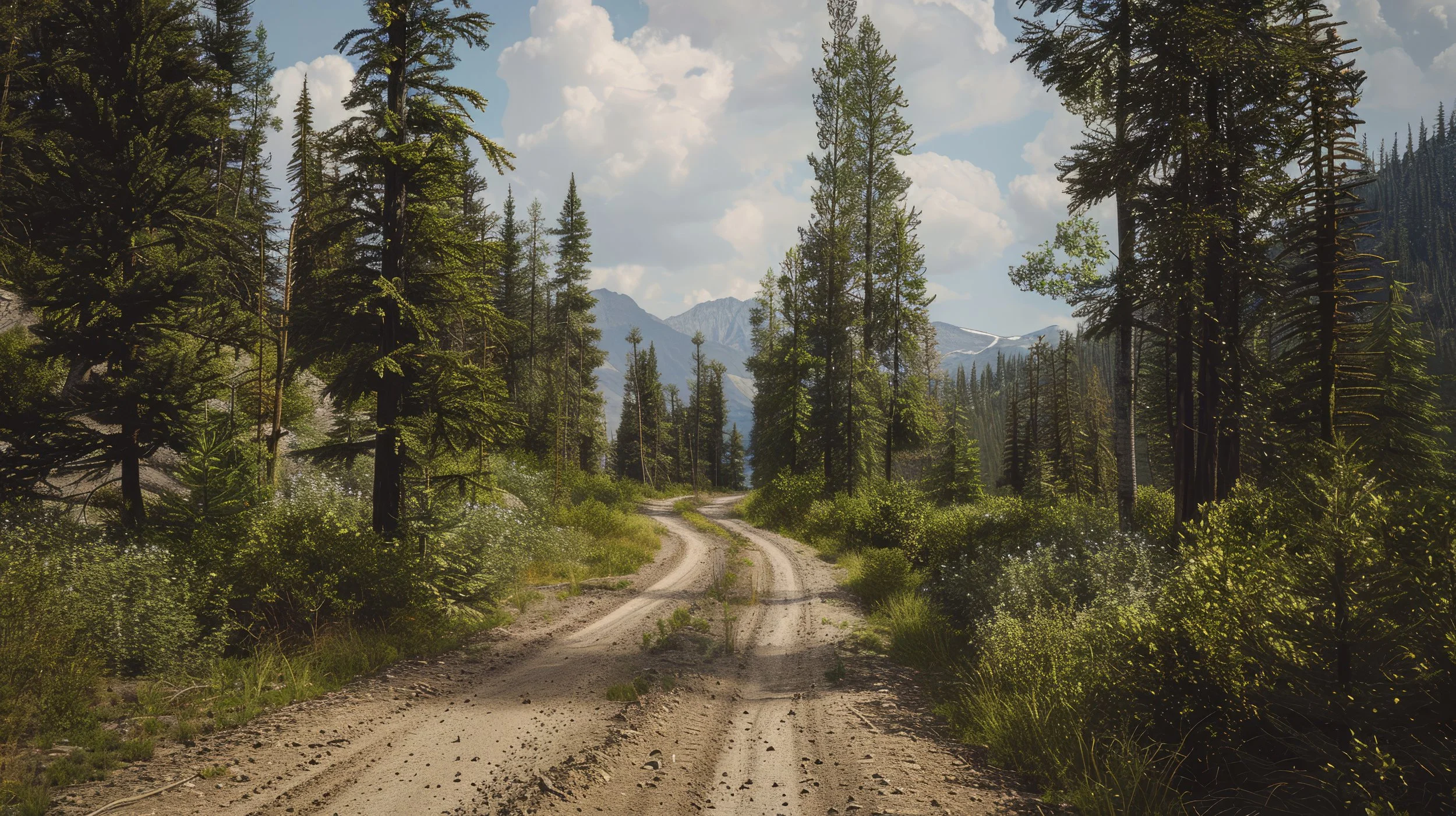 Chemin de terre à travers une forêt de conifères avec montagnes en arrière-plan, ciel partiellement nuageux