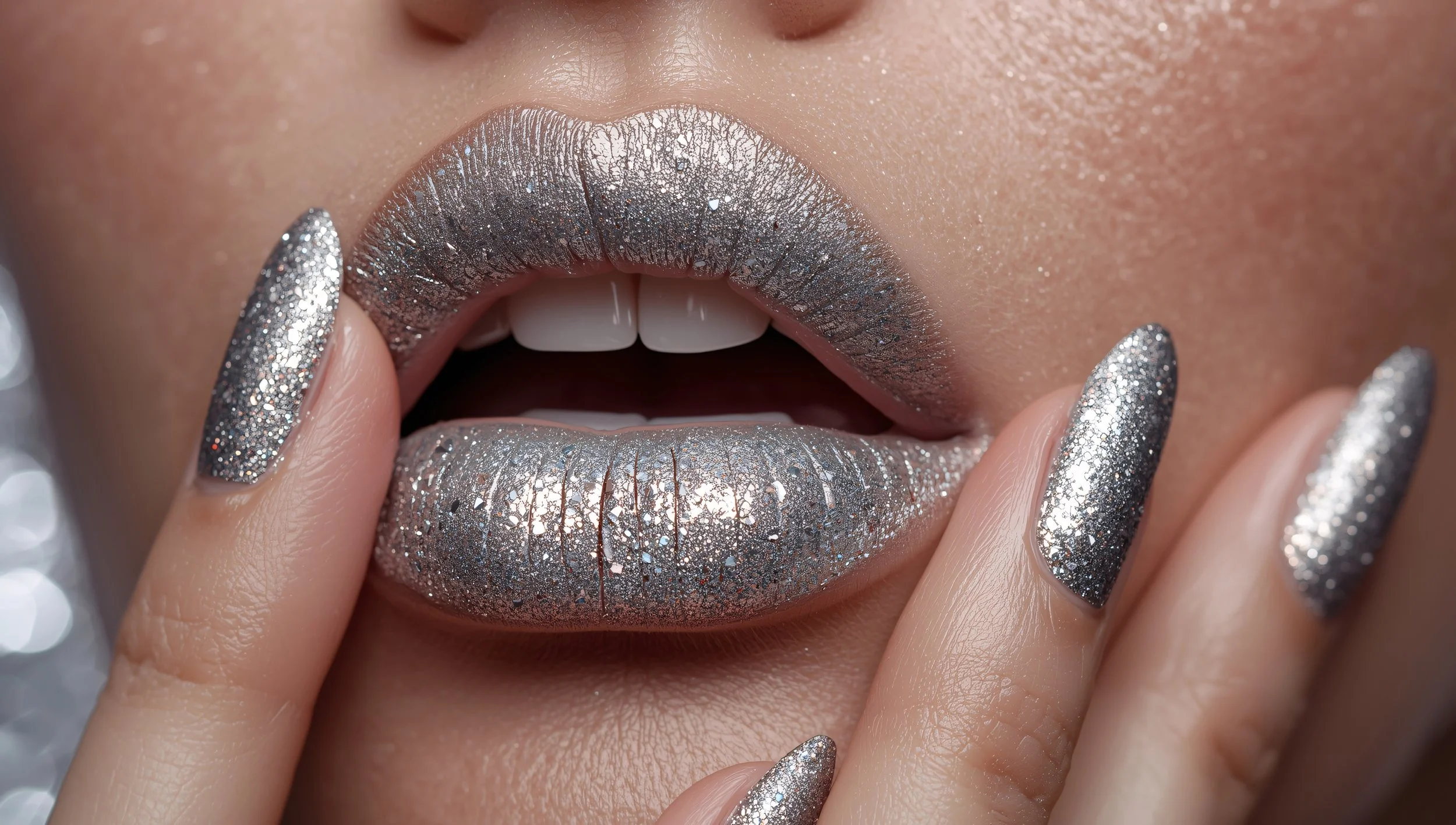 Close-up of a person with metallic silver lipstick and matching glittery silver nails, touch their lips with fingers.