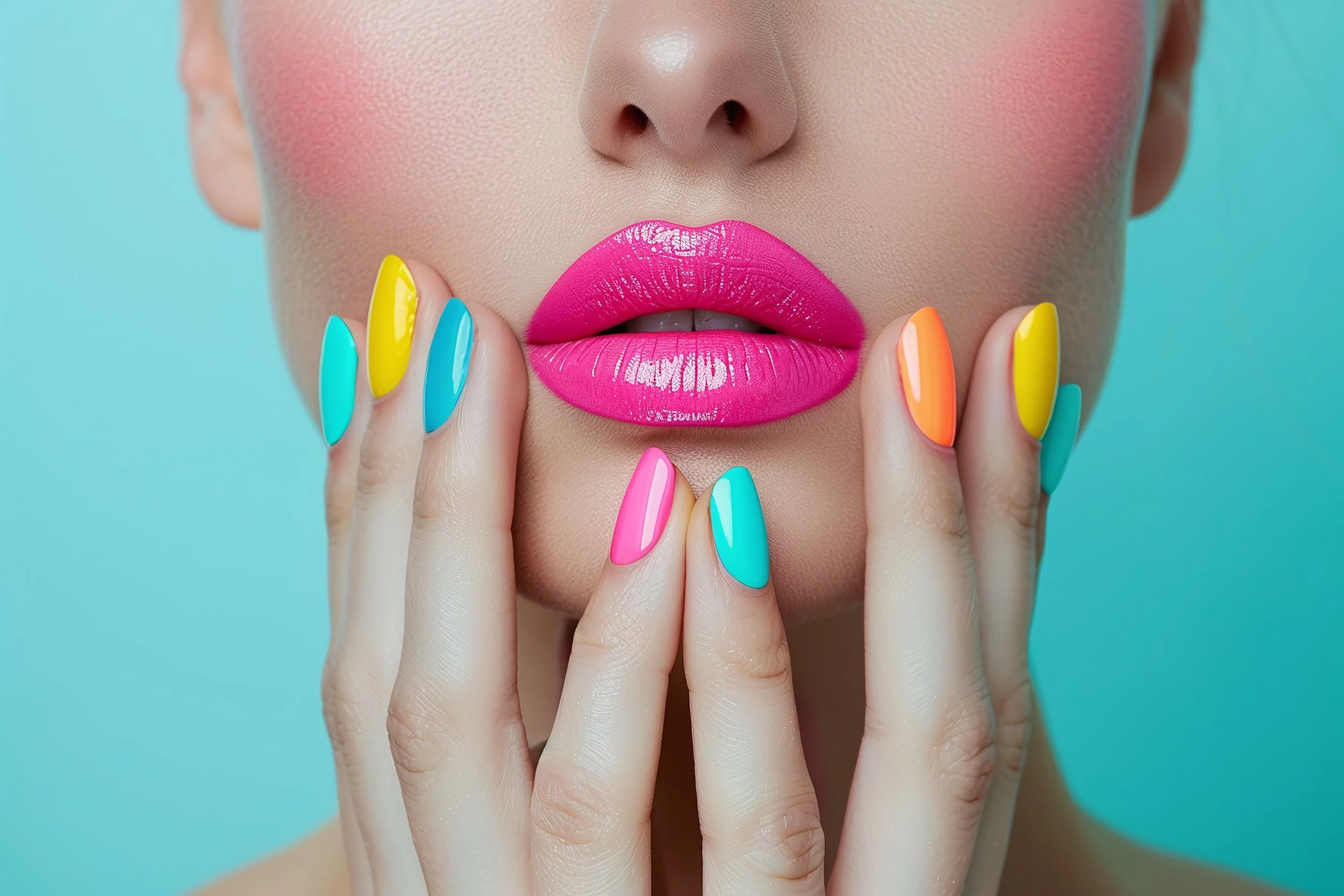 Close-up of a woman's face with bright pink lipstick, pastel-colored nail polish, and hands gently touching her cheeks.