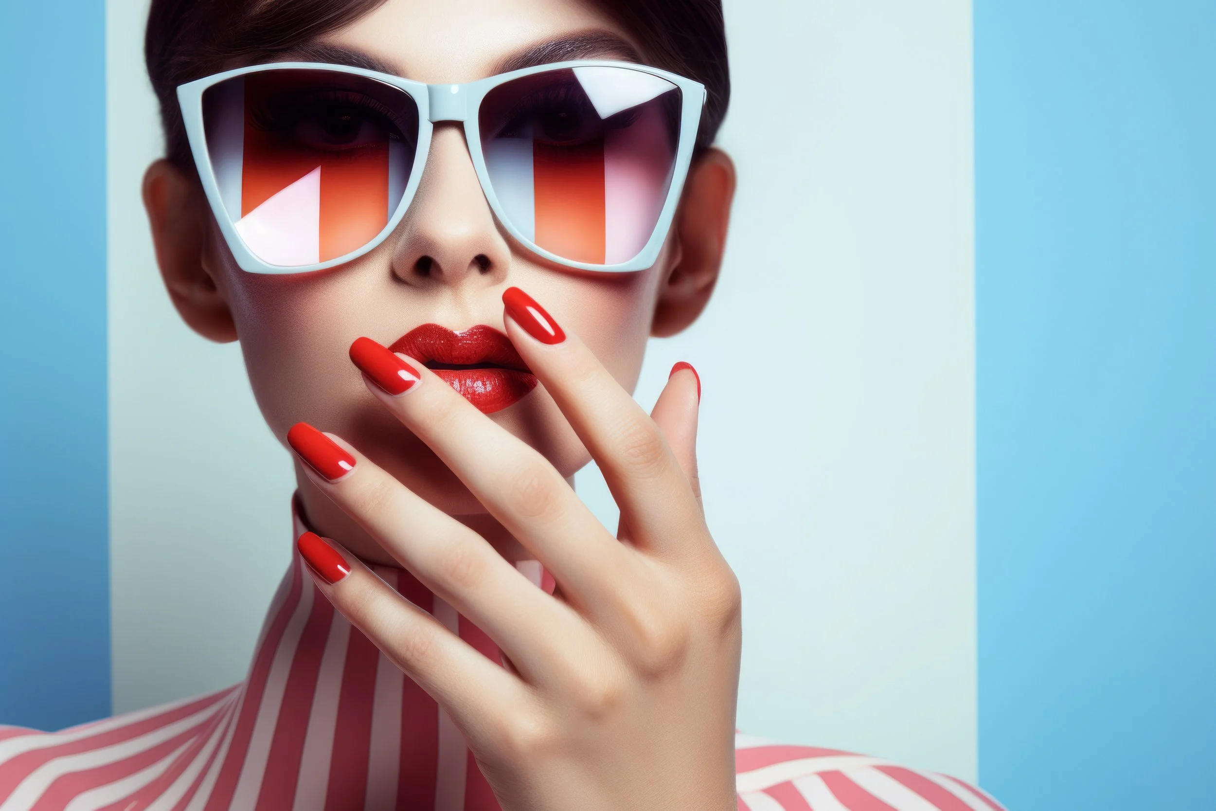 Close-up of a woman wearing large sunglasses with reflective lenses, red lipstick, and red-painted nails. She is holding her hand near her face with her fingers spread apart. She is wearing a striped shirt with red and white lines. The background is 