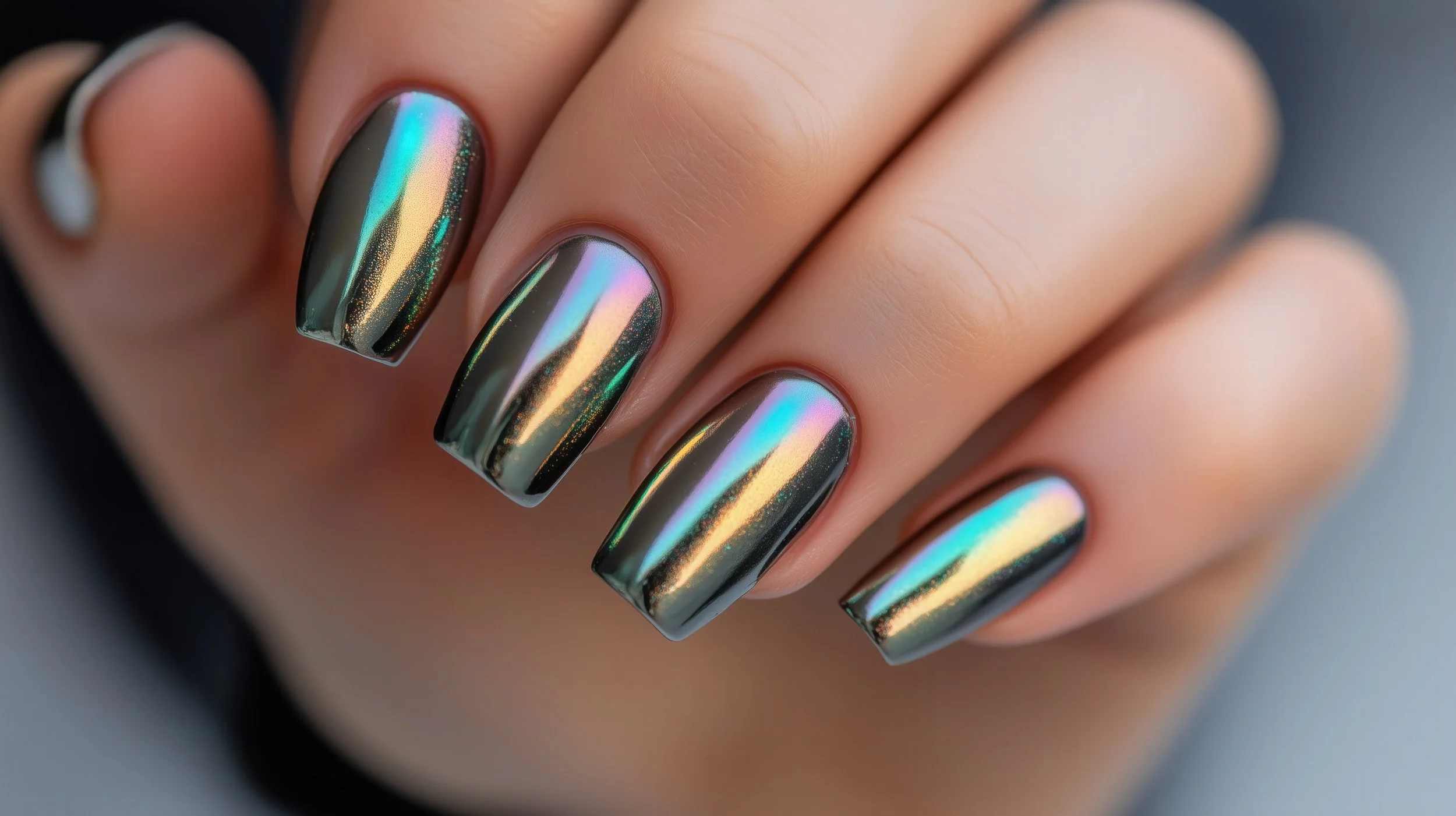 Close-up of a person's fingernails with holographic metallic nail polish.