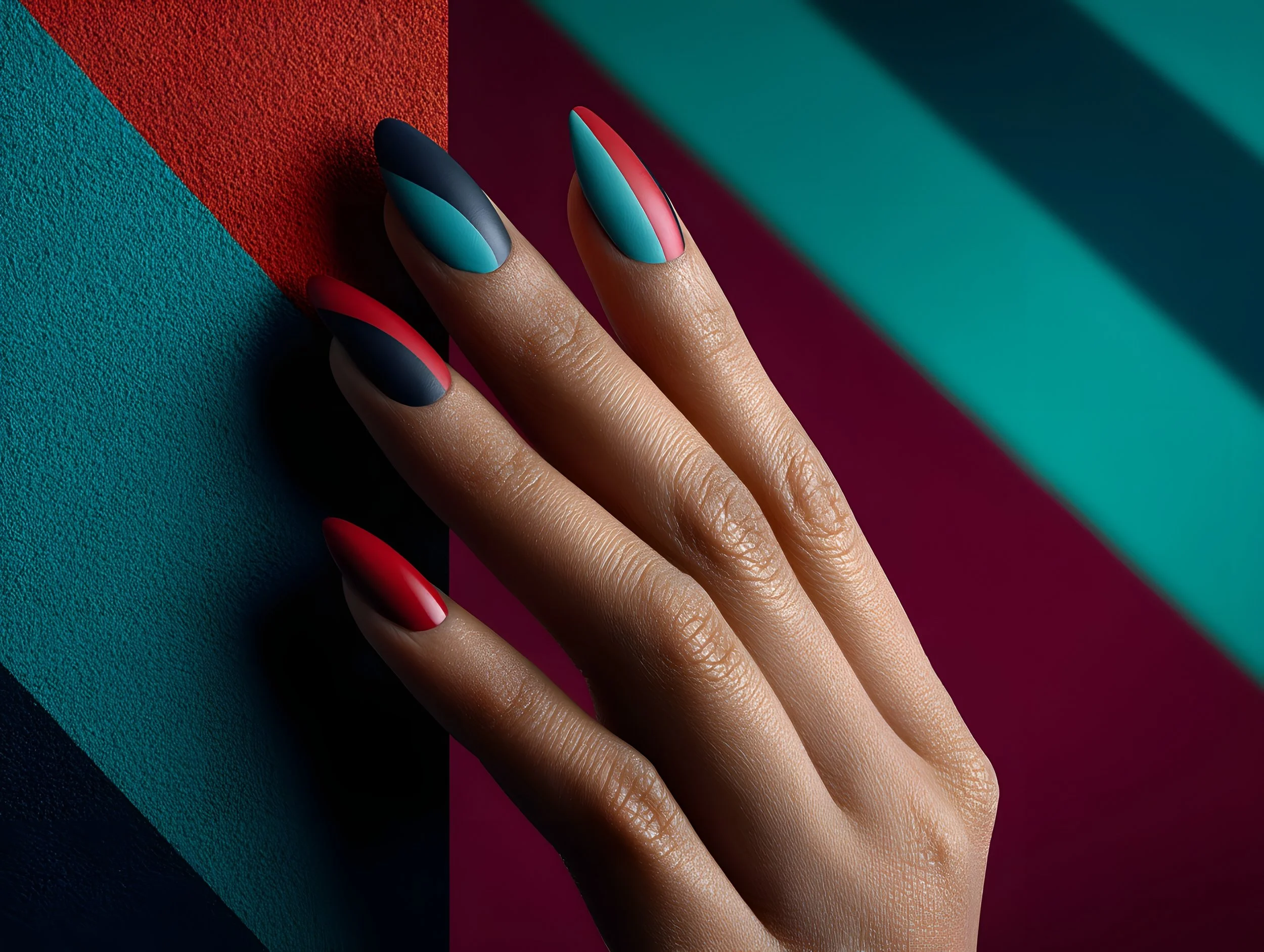 Close-up of a hand with four fingers showing multi-colored, geometric nail designs against a vibrant geometric background.