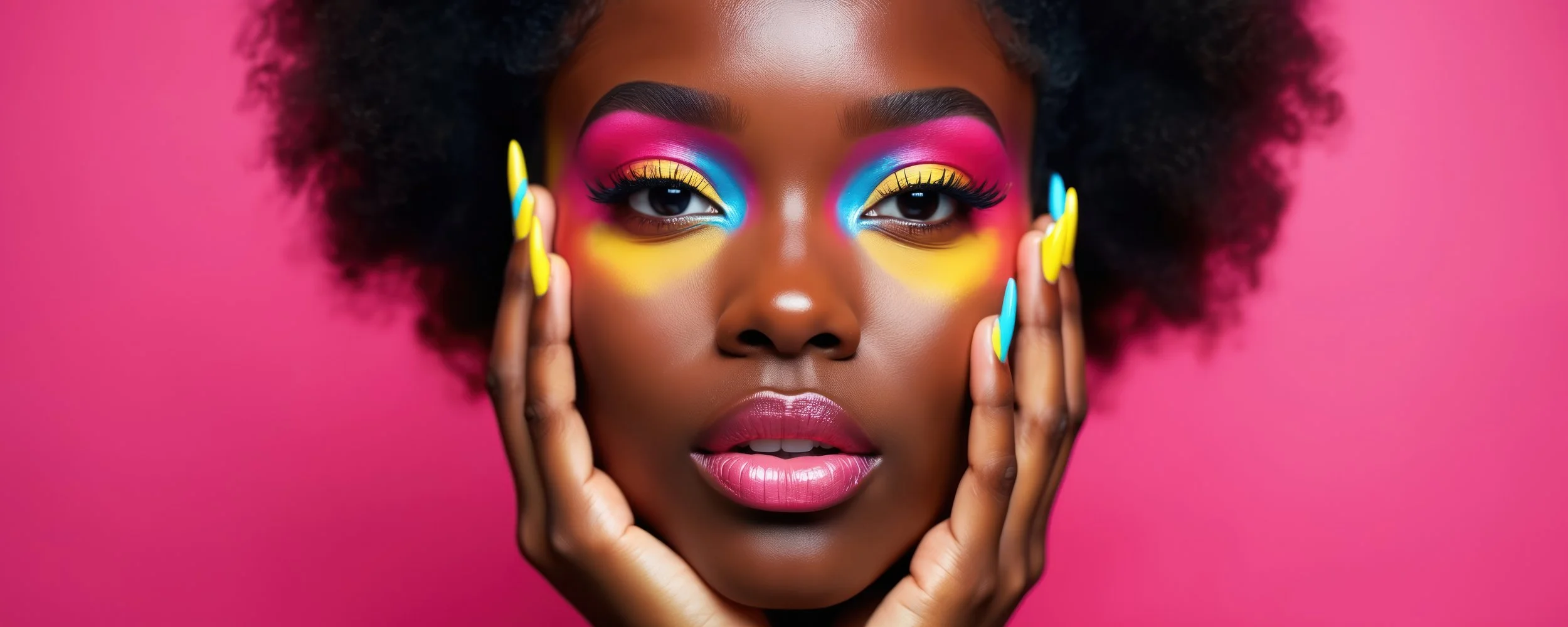 Close-up portrait of a woman with colorful eye makeup and glossy pink lips, holding her face with both hands against a pink background.