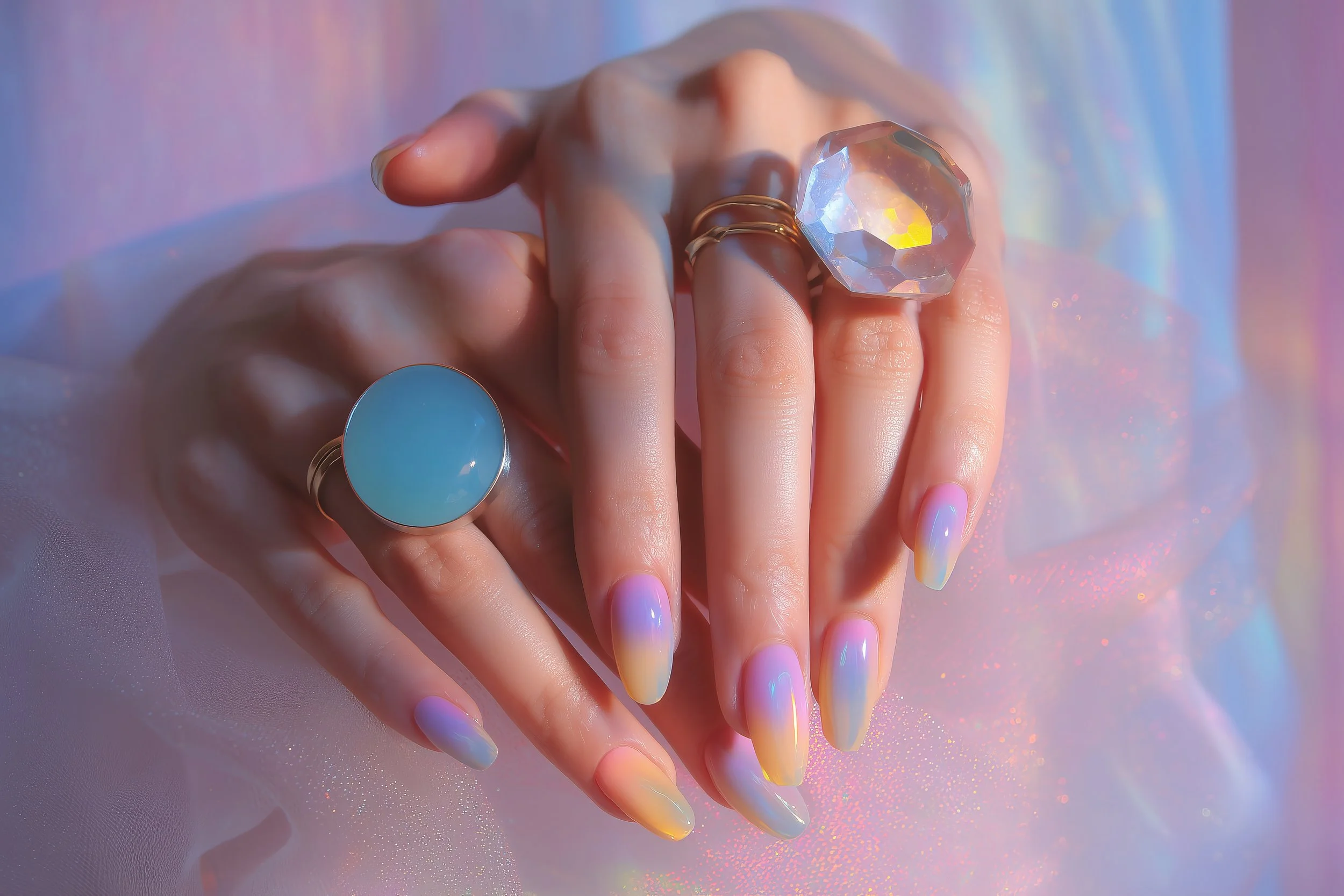 Close-up of a person's hand showing nails with iridescent pastel nail polish, adorned with rings that have large gemstone and blue stone settings, against a colorful, holographic background.