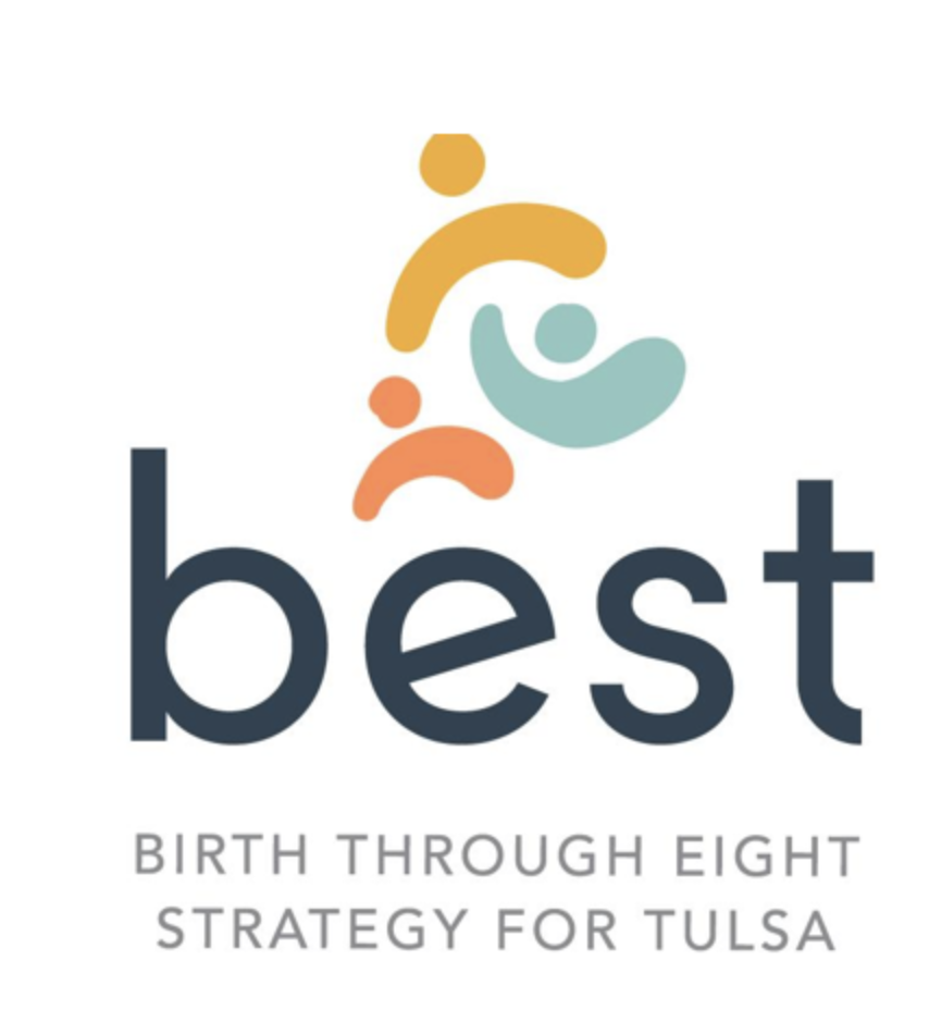Logo for the 'B.E.S.T.' program featuring stylized figures representing family and children, with the text 'Birth Through Eight Strategy for Tulsa' underneath.