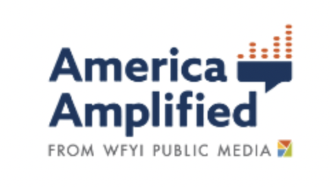 Logo for America Amplified by WFYI Public Media, featuring the text 'America Amplified' with a speech bubble and orange sound wave design.