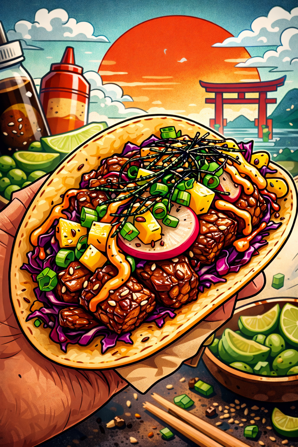A vibrant illustration of a Japanese-style meal featuring a tofu and vegetable hot pot with sliced radishes, green onions, seaweed, and yellow tofu cubes, set against a scenic background with a red sun, clouds, a torii gate, and ocean.
