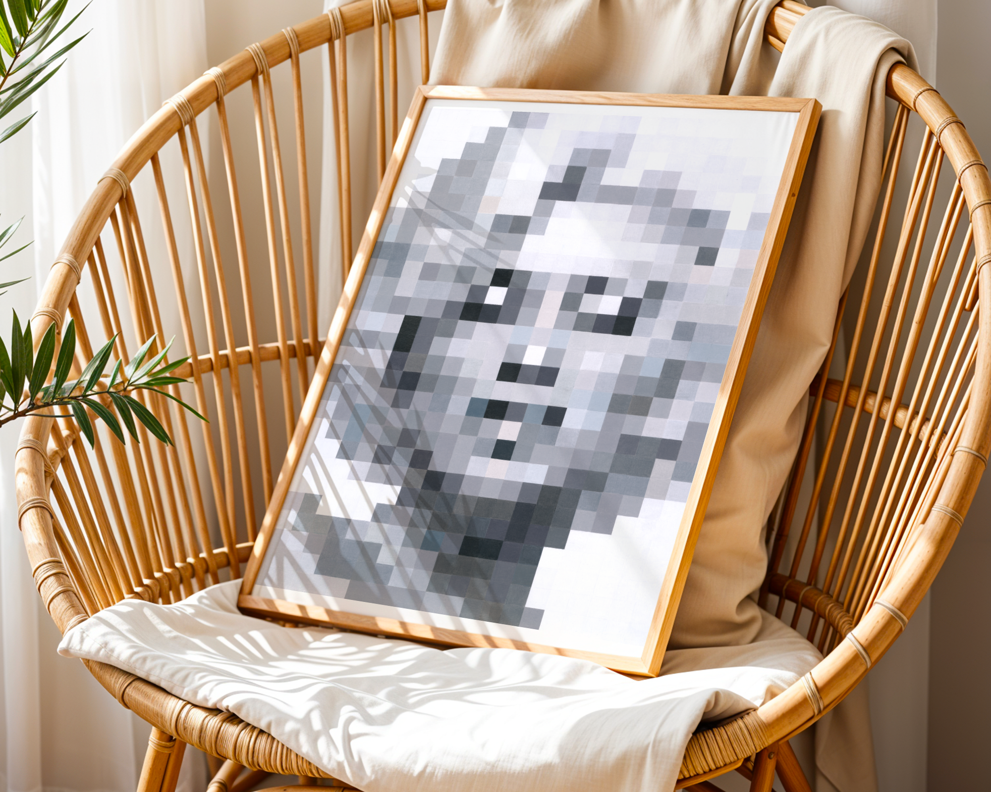 A framed black and white pixelated art print leaning against a beige cushion on a round wicker chair, with a plant and curtains in the background.