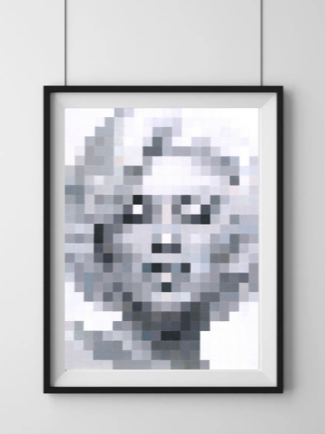 Pixelated grayscale portrait of a woman in a black frame.