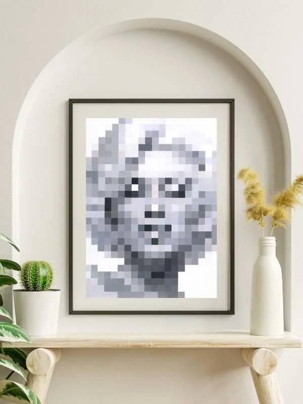 Framed pixelated black and white portrait of a woman's face on a wall with decorative plants nearby.