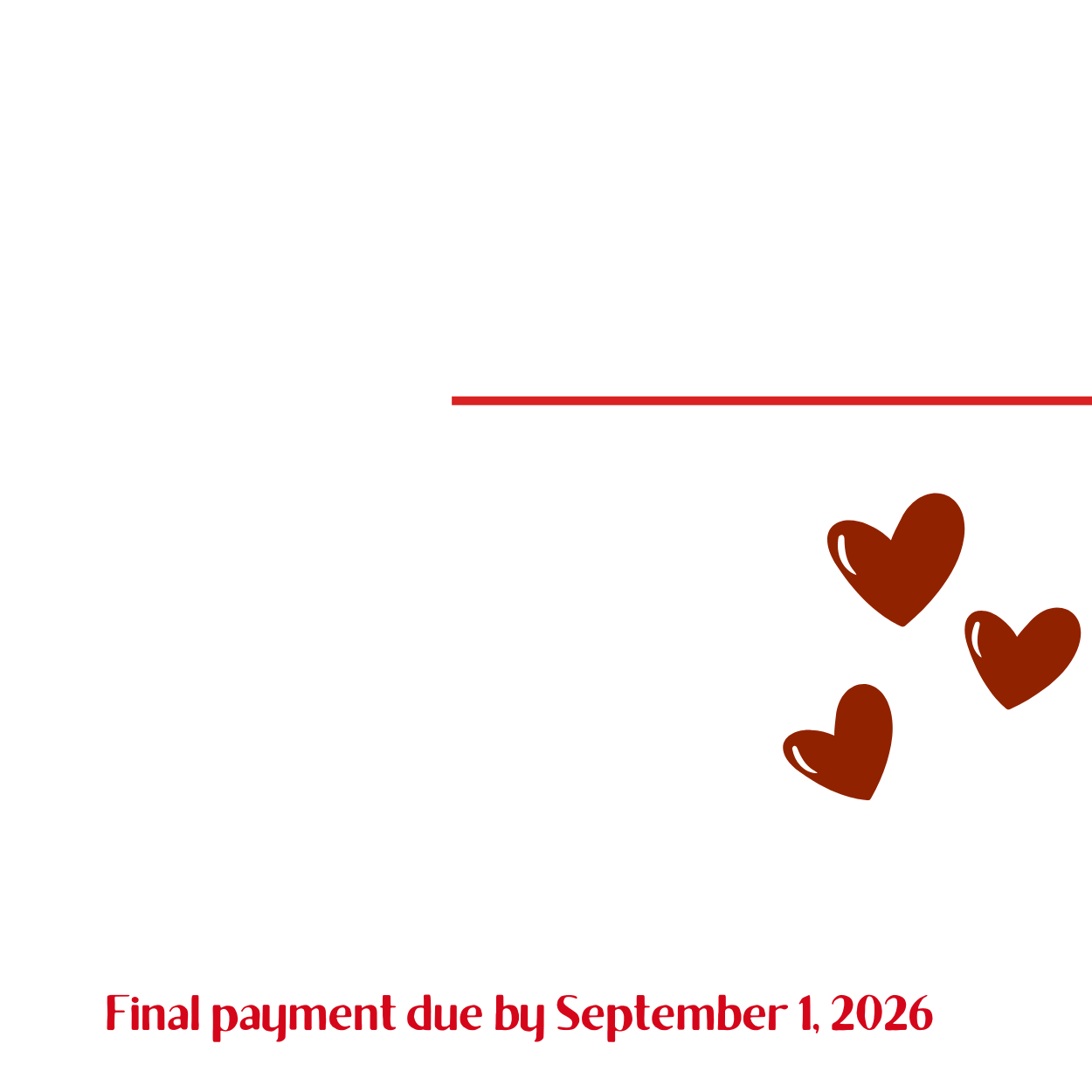 Sign detailing costs and inclusions for a retreat, with pricing at $992.00 total per couple and a $259.00 deposit. The retreat includes materials, two hotel nights, breakfasts, dinners, lunch, parking, retreat materials, enrichment sessions, a trolley, and free hot cookies. The final payment is due by September 1, 2022, with monthly payment plans available. There are three brown hearts on the right side of the sign.