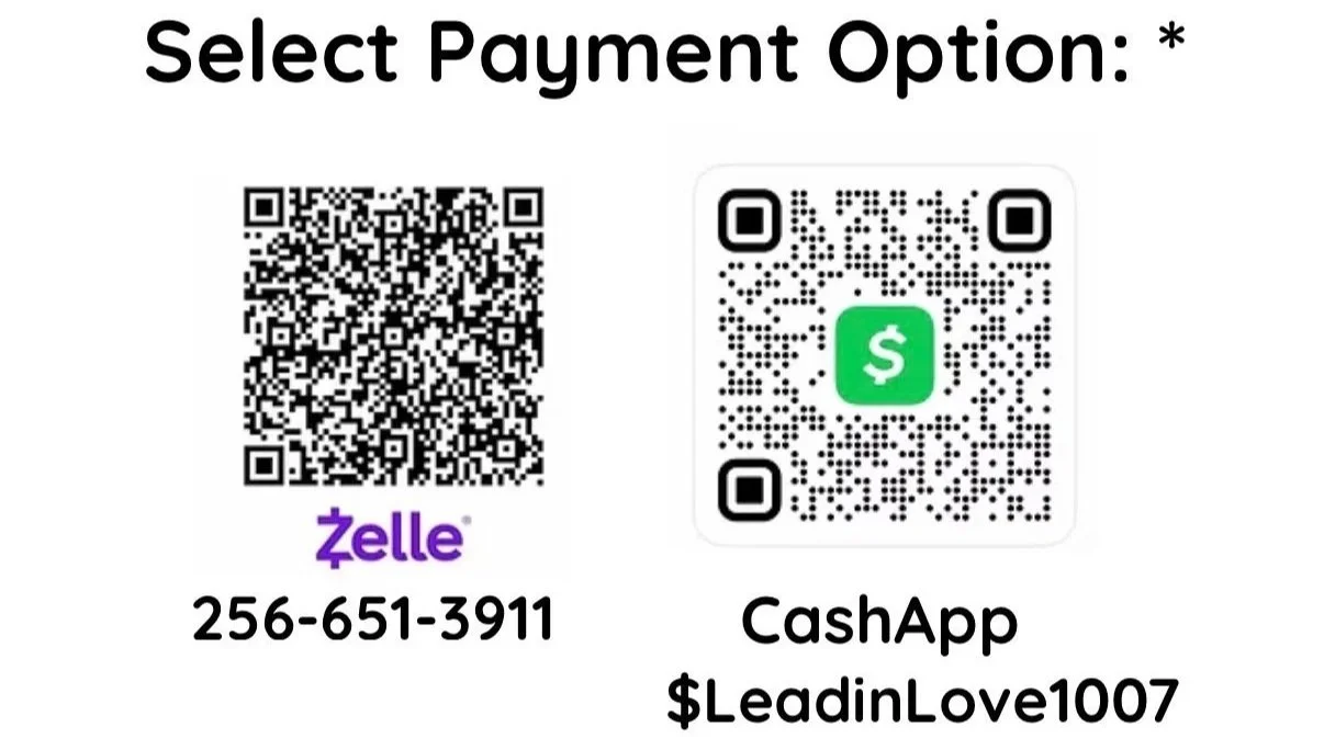 Payment options including a QR code for Zelle, a QR code with a cash symbol for CashApp, a phone number for Zelle, and a CashApp username, on a white background.
