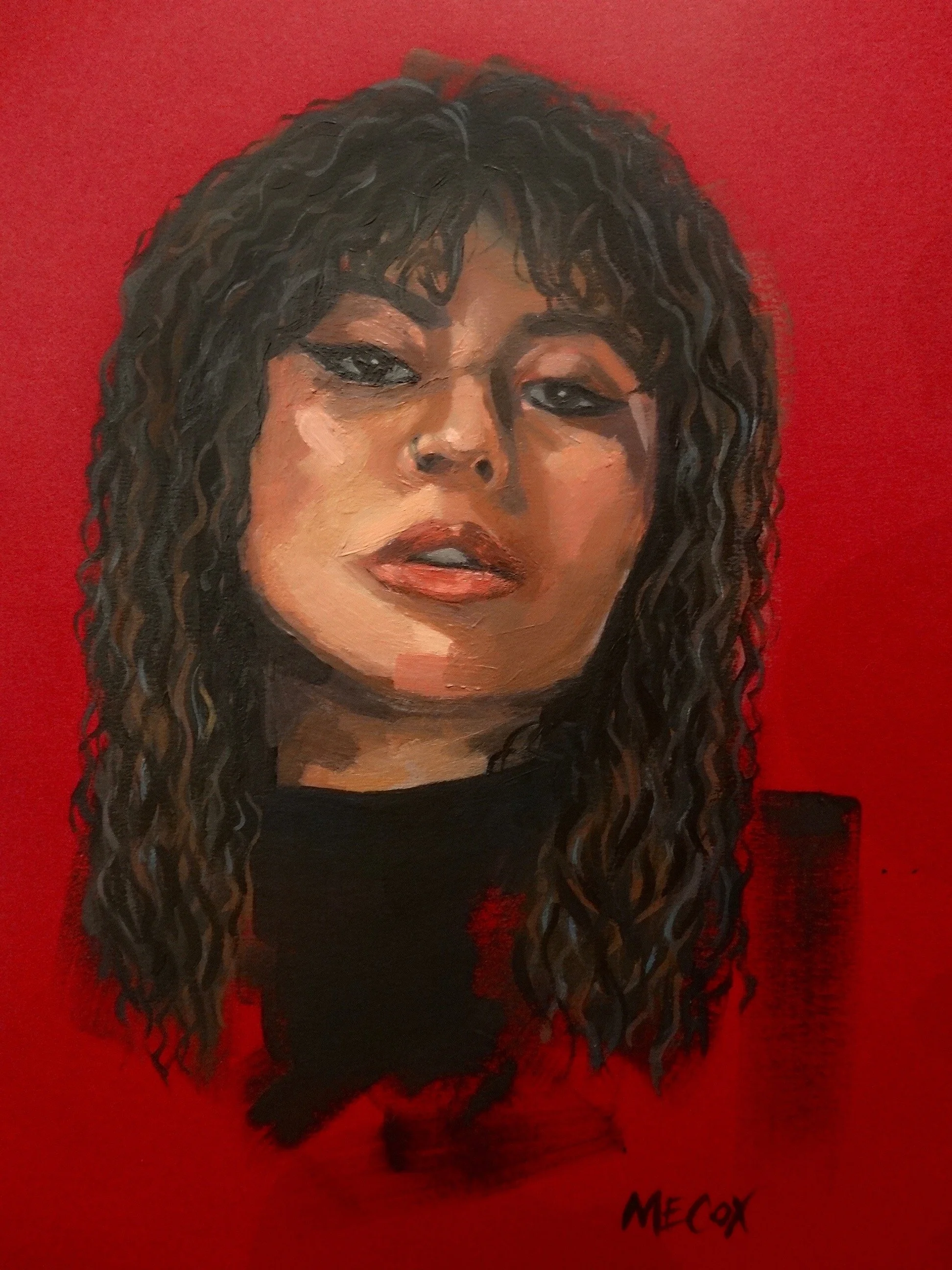 Painting of a woman with curly brown hair, wearing a black top, against a red background.