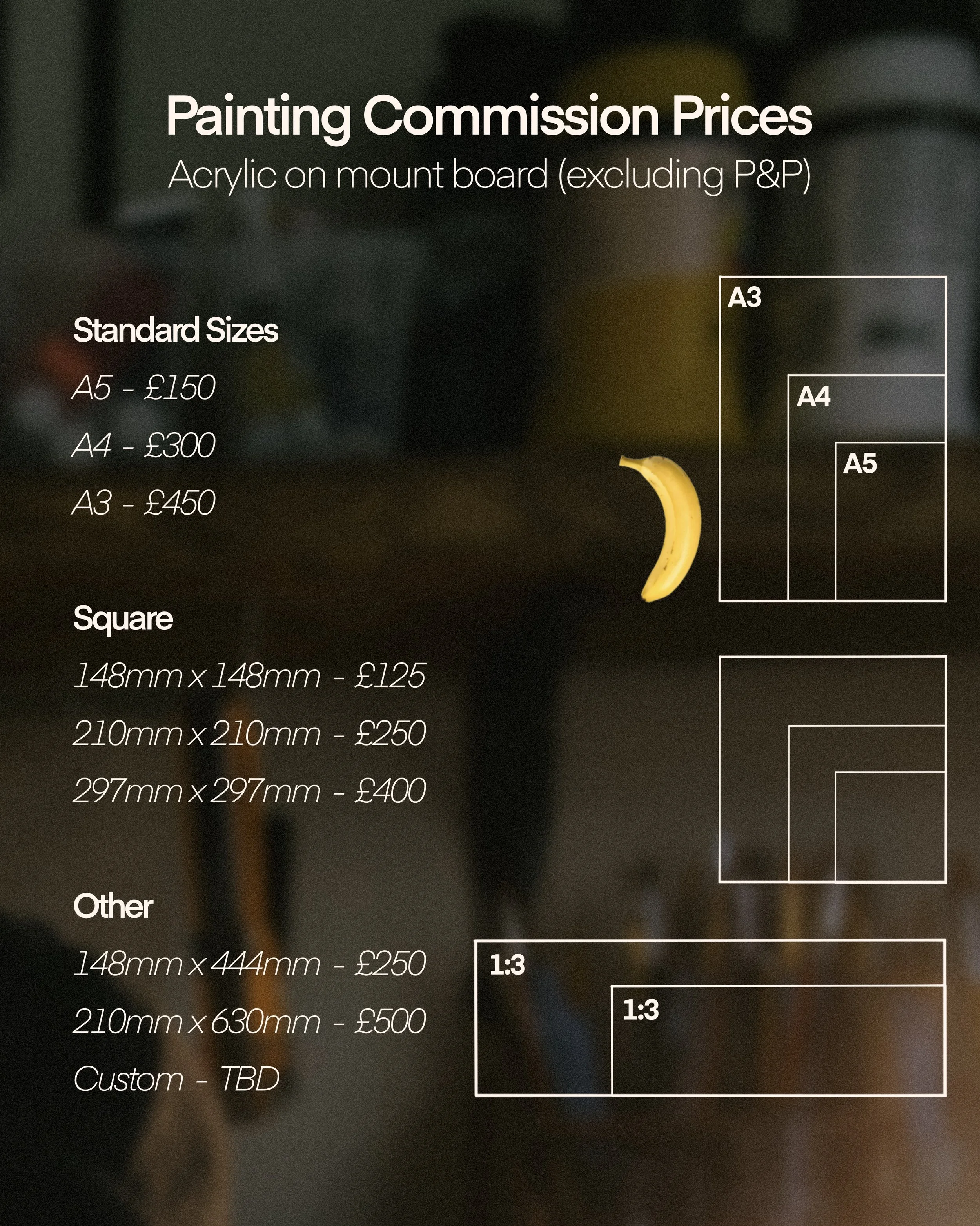 Prices for painting commissions with acrylic on mount board, including standard sizes, square sizes, and other formats, with size charts and prices listed.