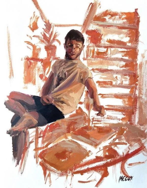 Painting of a boy sitting on a chair with a glass of champagne on a wooden table in a warm-toned room with shelves and plants in the background.